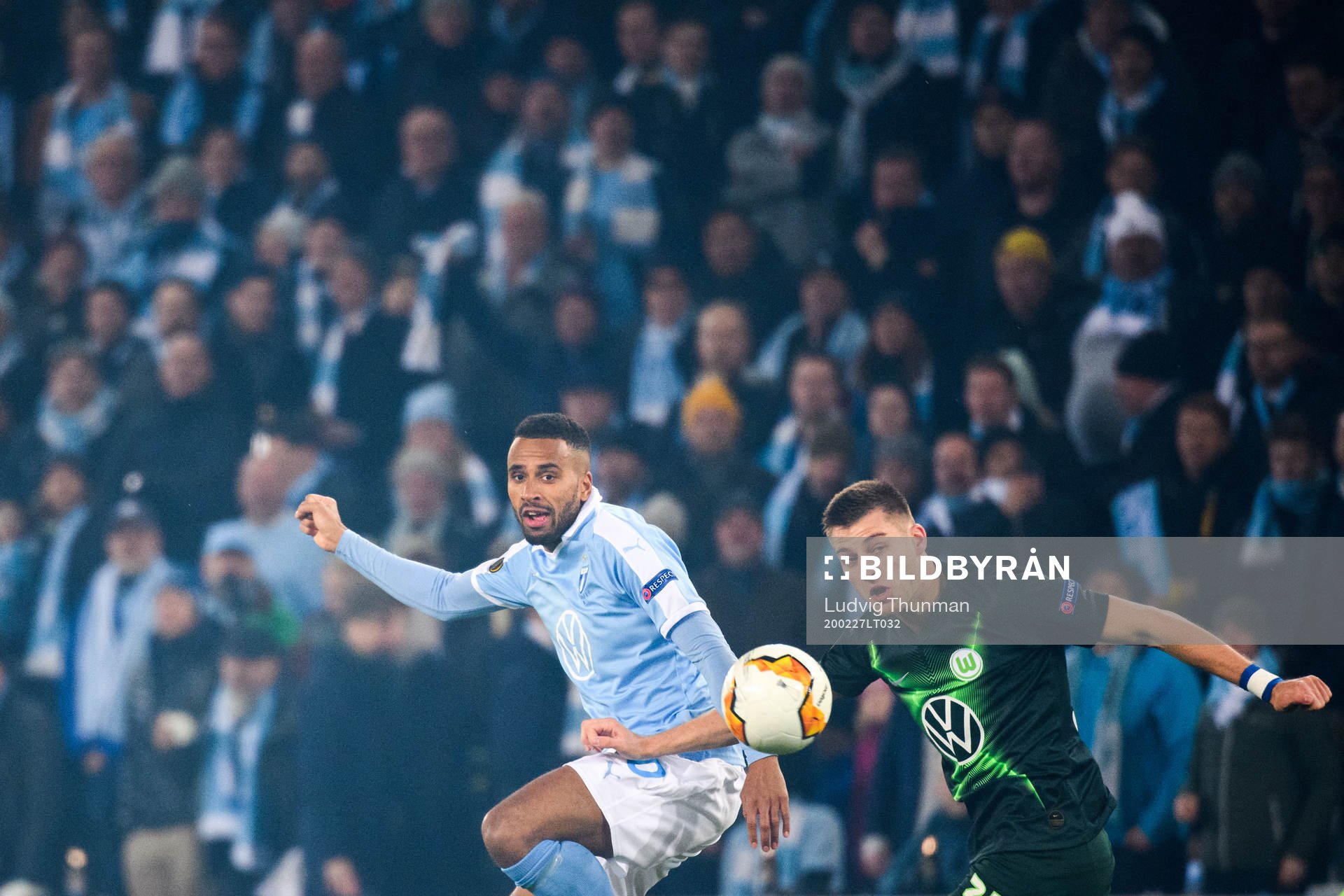 Isaac Kiese Thelin of Malmö FF and Robin Knoche of Wolfsburg during the Europa Leauge match between Malmö FF and Wolfsburg on February 27, 2020 in Malmö.