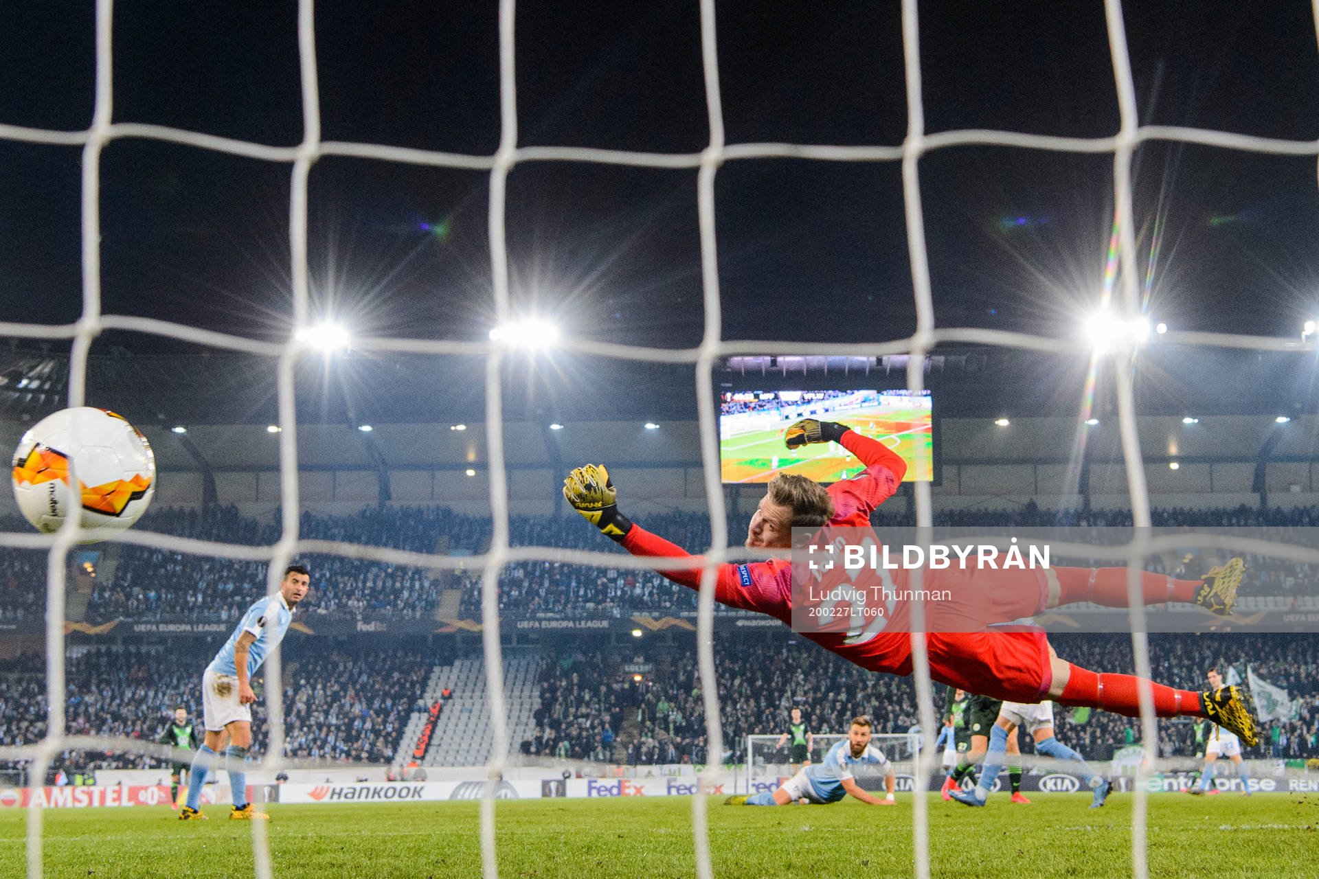 Goalkeeper Johan Dahlin of Malmö FF sees 0-1 pass him by