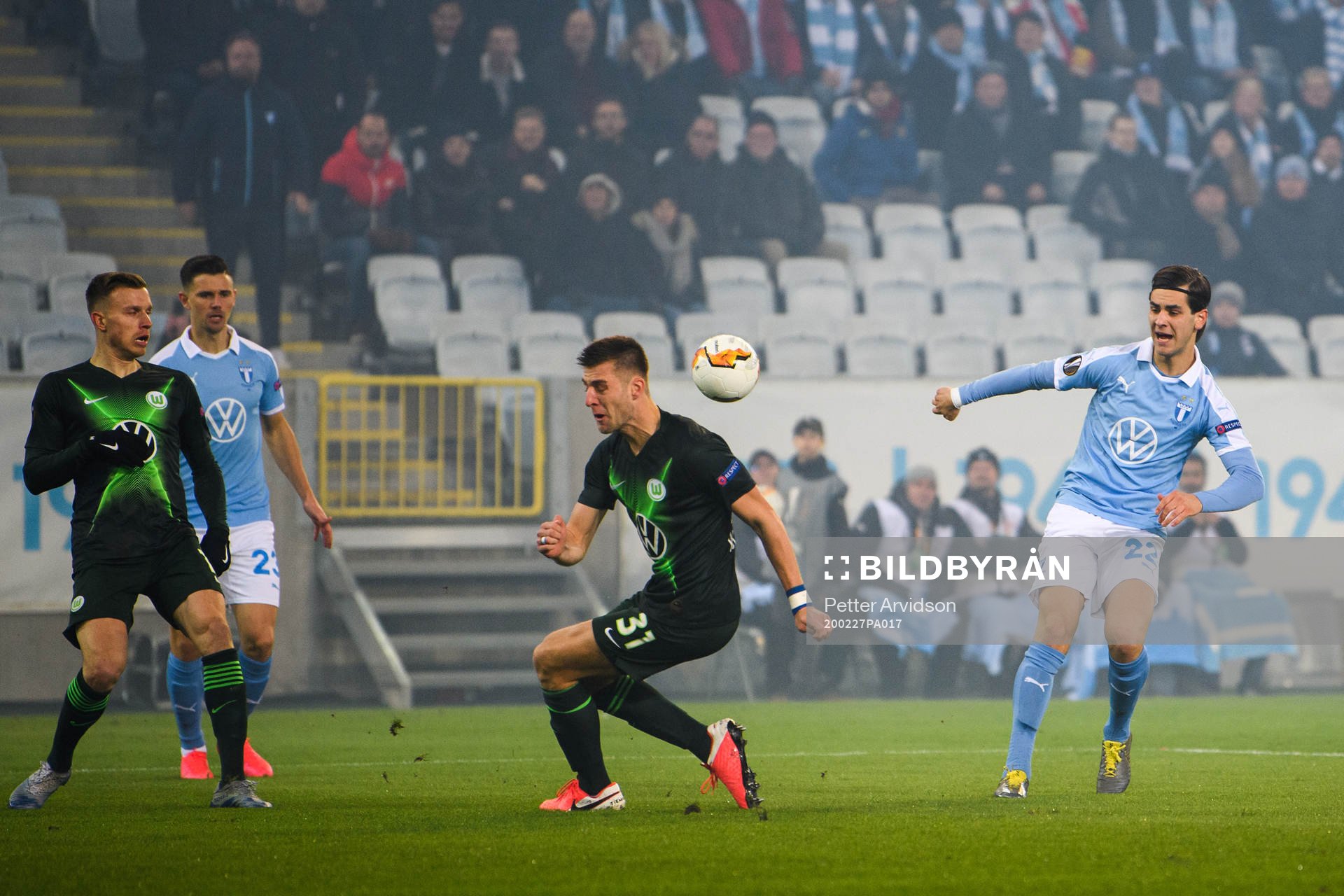 Adi Nalic of Malmö FF and Robin Knoche of Wolfsburg during the Europa Leauge match between Malmö FF and Wolfsburg on February 27, 2020 in Malmö.