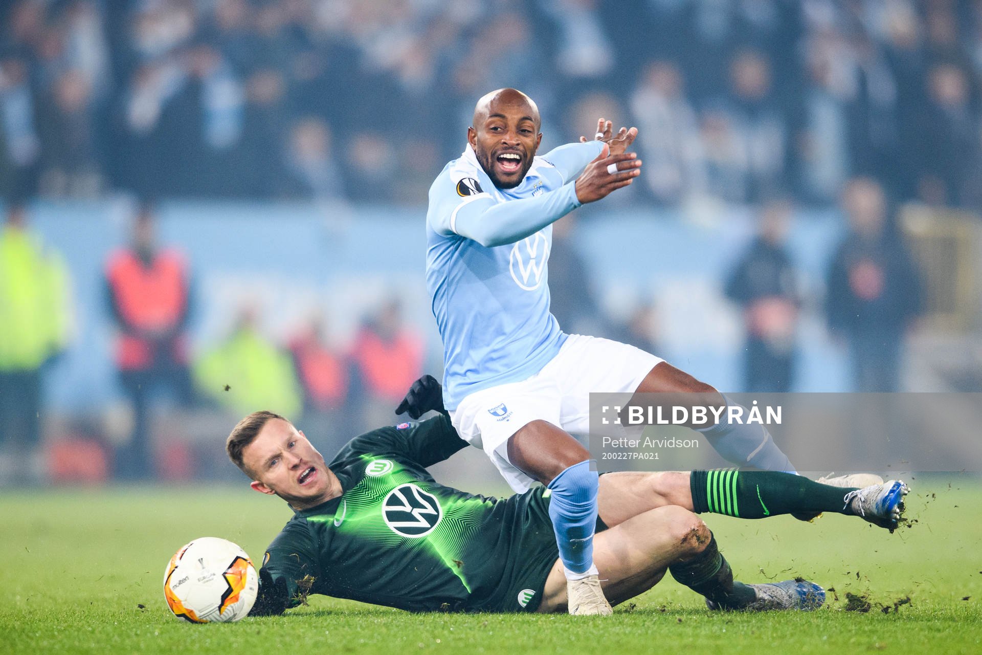 Fouad Bachirou of Malmö FF and Yannick Gerhardt of Wolfsburg during of the Europa Leauge match between Malmö FF and Wolfsburg on February 27, 2020 in Malmö.