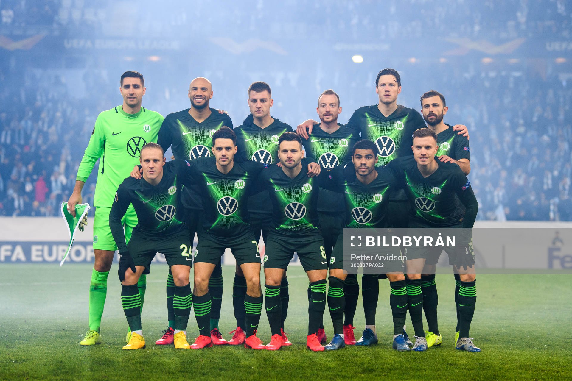 Felix Klaus, goalkeeper Pavao Pervan , Marin Pongracic , Marcel Tisserand , Daniel Ginczek , goalkeeper Niklas Klinger , João Victor and Iba May in the starting eleven of of Wolfsburg ahead of of the Europa Leauge match between Malmö FF and Wolfsburg on February 27, 2020 in Malmö.