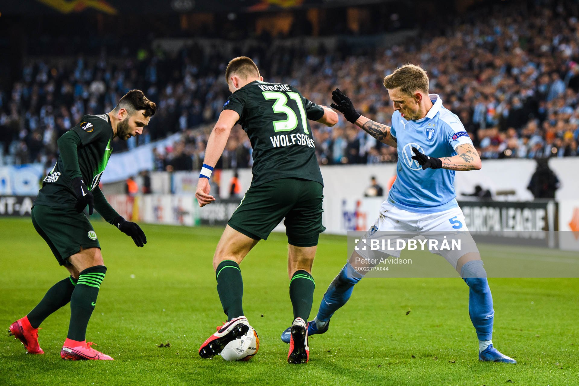 Sören Rieks of Malmö FF and Robin Knoche of Wolfsburg during the Europa Leauge match between Malmö FF and Wolfsburg on February 27, 2020 in Malmö.