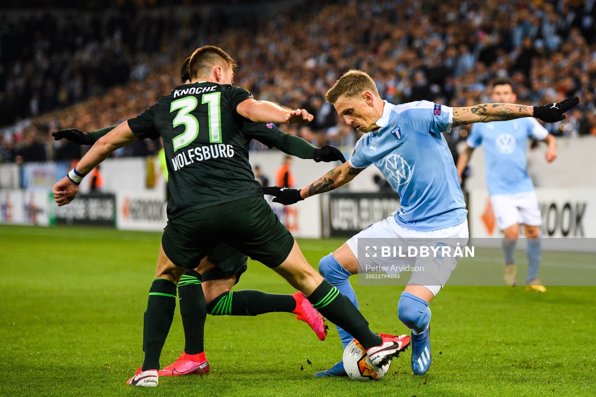 Sören Rieks of Malmö FF and Robin Knoche of Wolfsburg during the Europa Leauge match between Malmö FF and Wolfsburg on February 27, 2020 in Malmö.