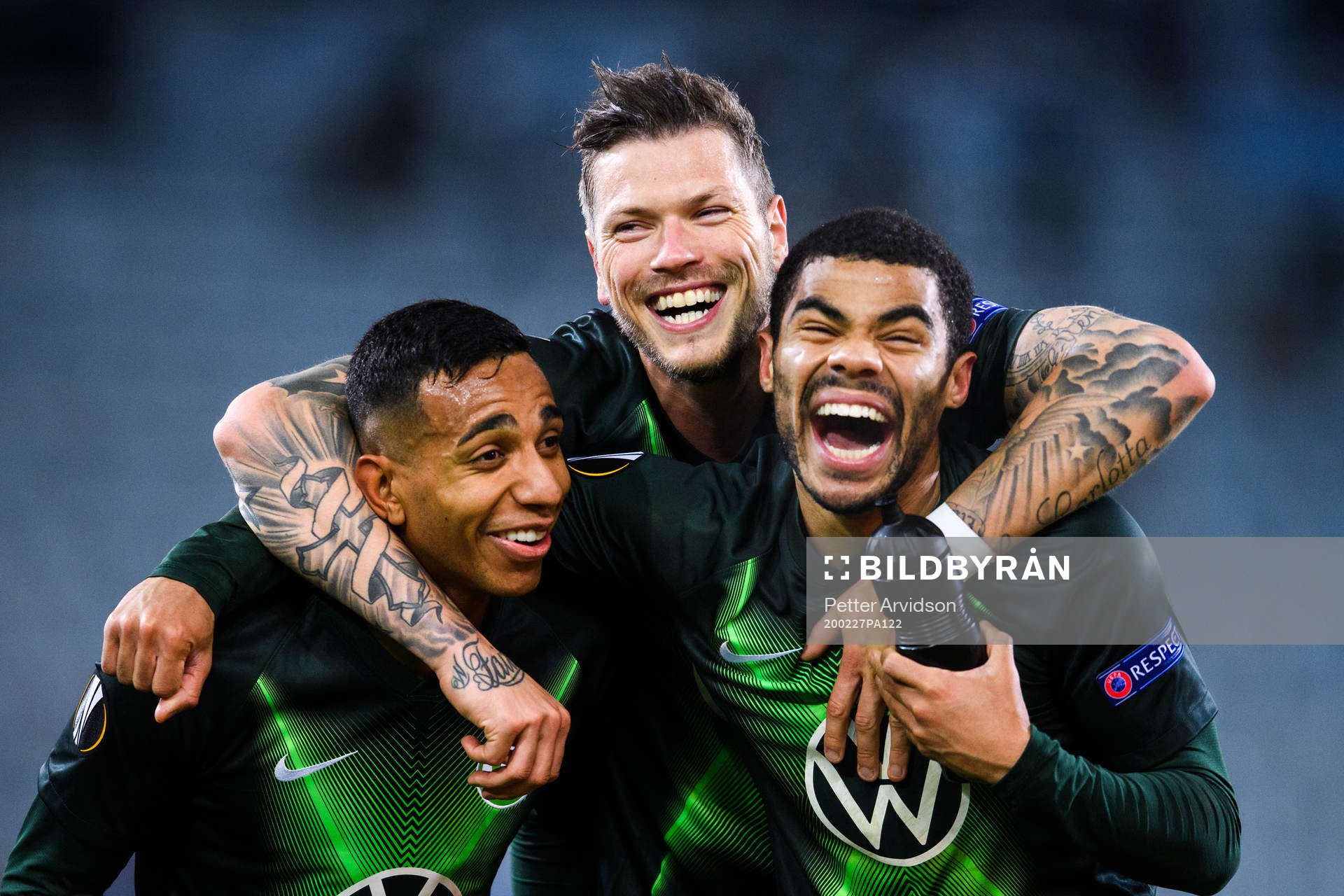 Daniel Ginczek and João Victor of Wolfsburg celebrate after the Europa League match between Malmö FF and Wolfsburg on February 27, 2020 in Malmö.