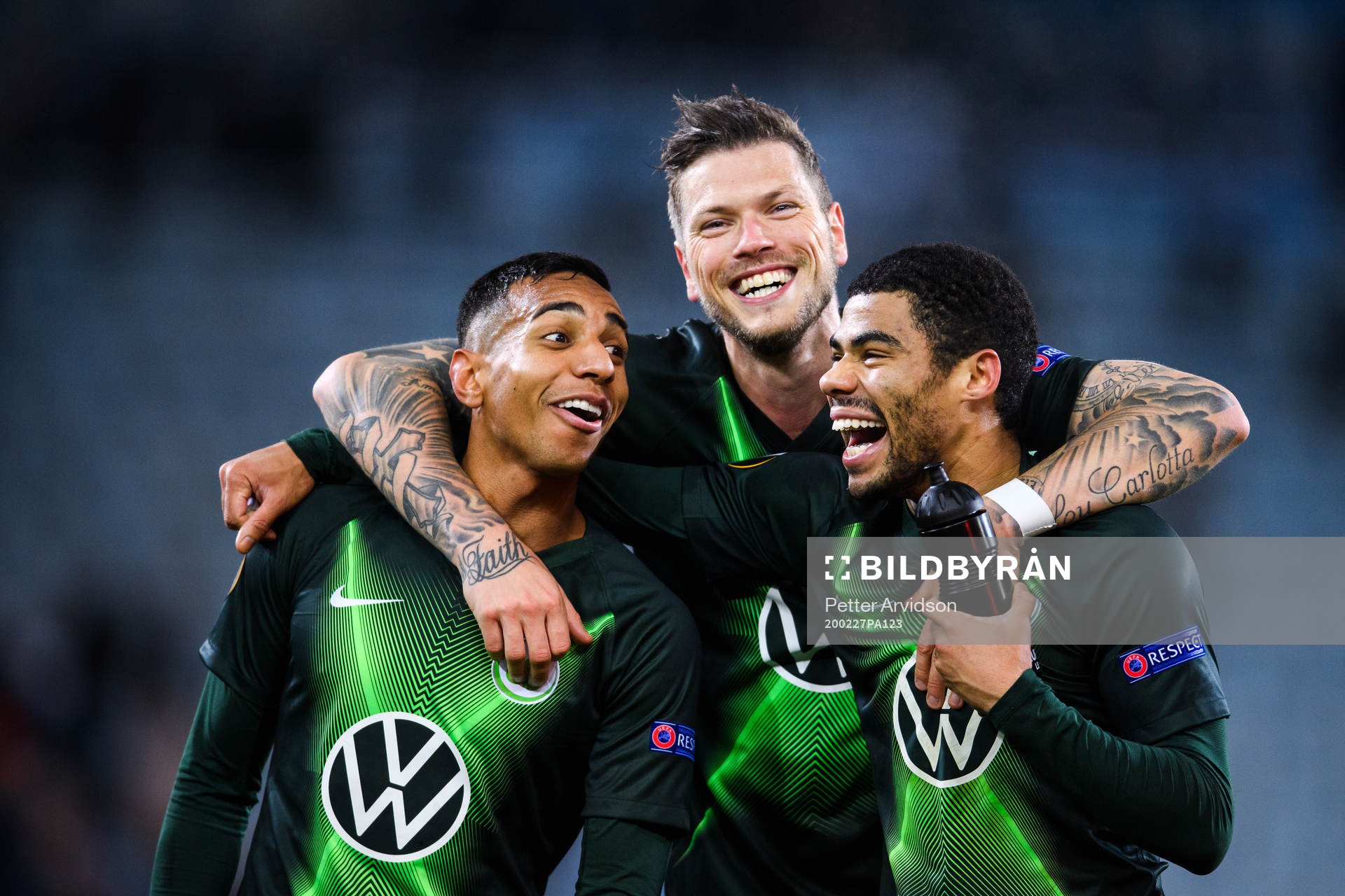 Daniel Ginczek and João Victor of Wolfsburg celebrate after the Europa League match between Malmö FF and Wolfsburg on February 27, 2020 in Malmö.