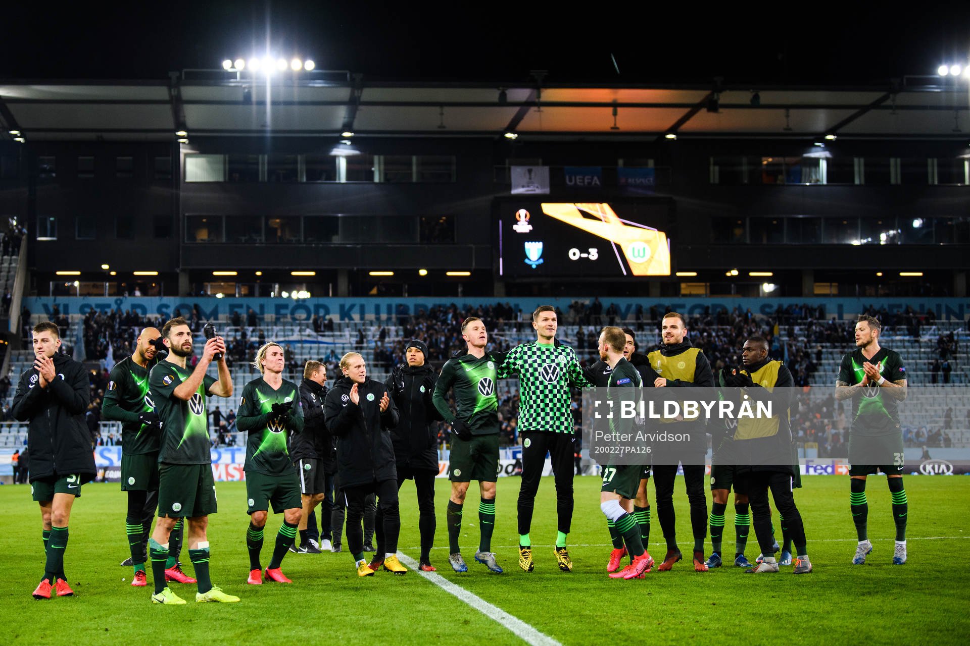 Players of Wolfsburg celebrate after the Europa League match between Malmö FF and Wolfsburg on February 27, 2020 in Malmö.
