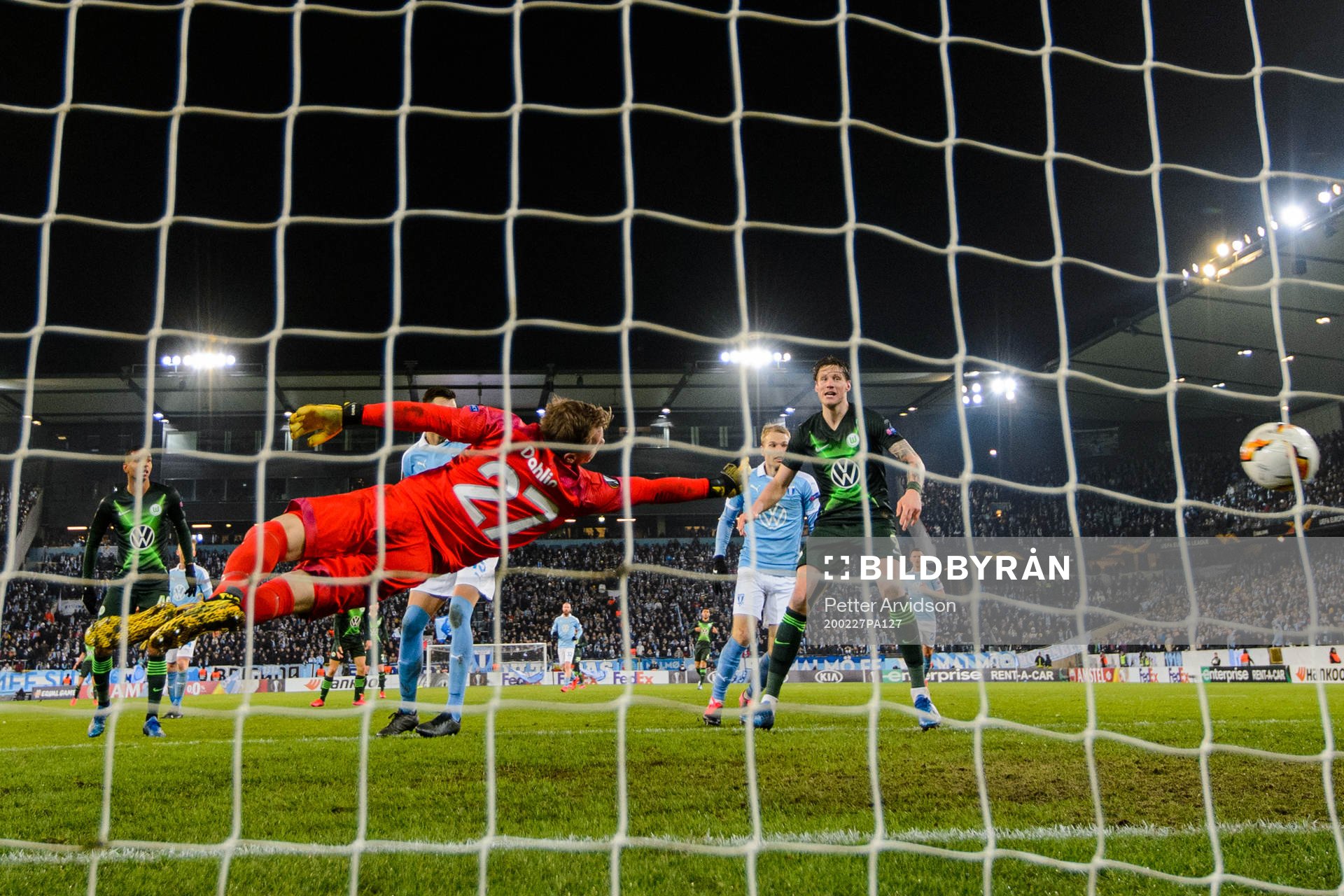 Goalkeeper Johan Dahlin of Malmö FF sees 0-3 pass him by