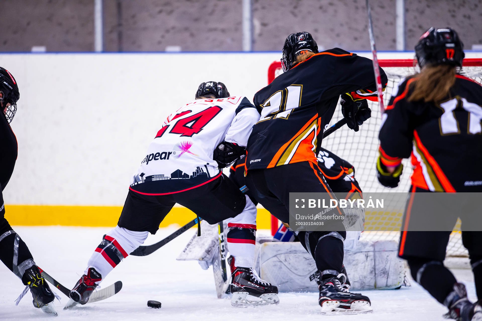 Kamp om pucken mellan Malmö Redhawks Julie Henriksen och
