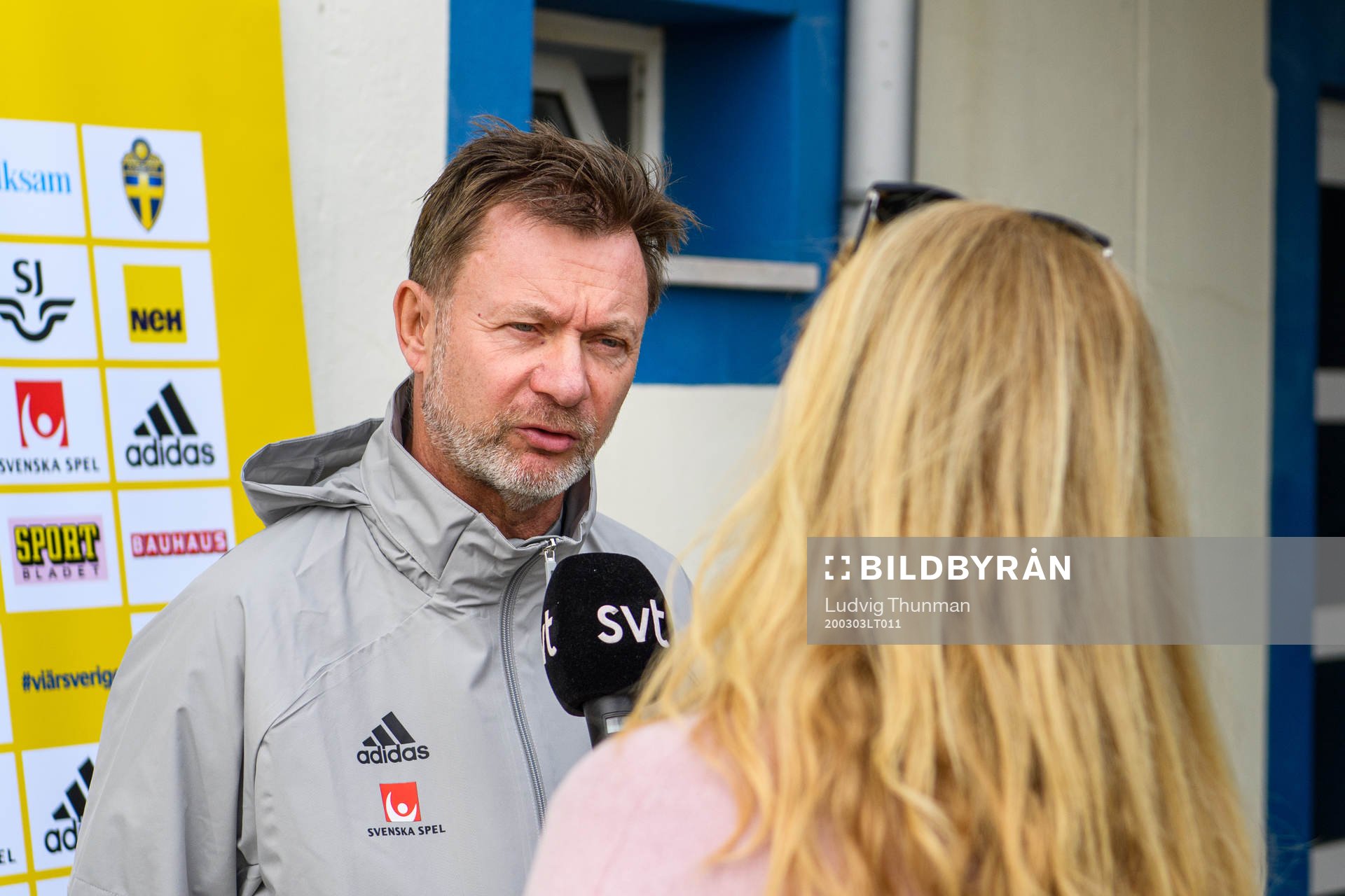 Peter Gerhardsson, head coach is interviewed by the media
