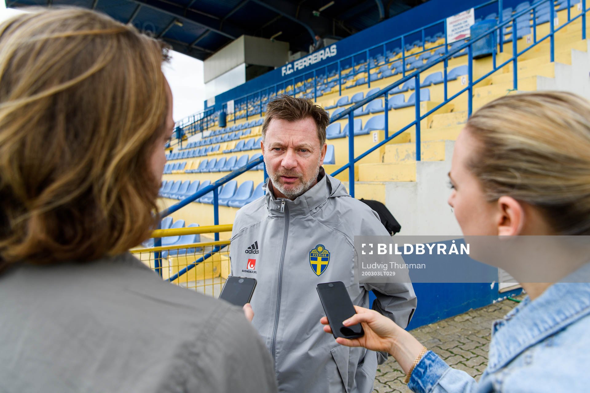 Peter Gerhardsson, head coach is interviewed by the media