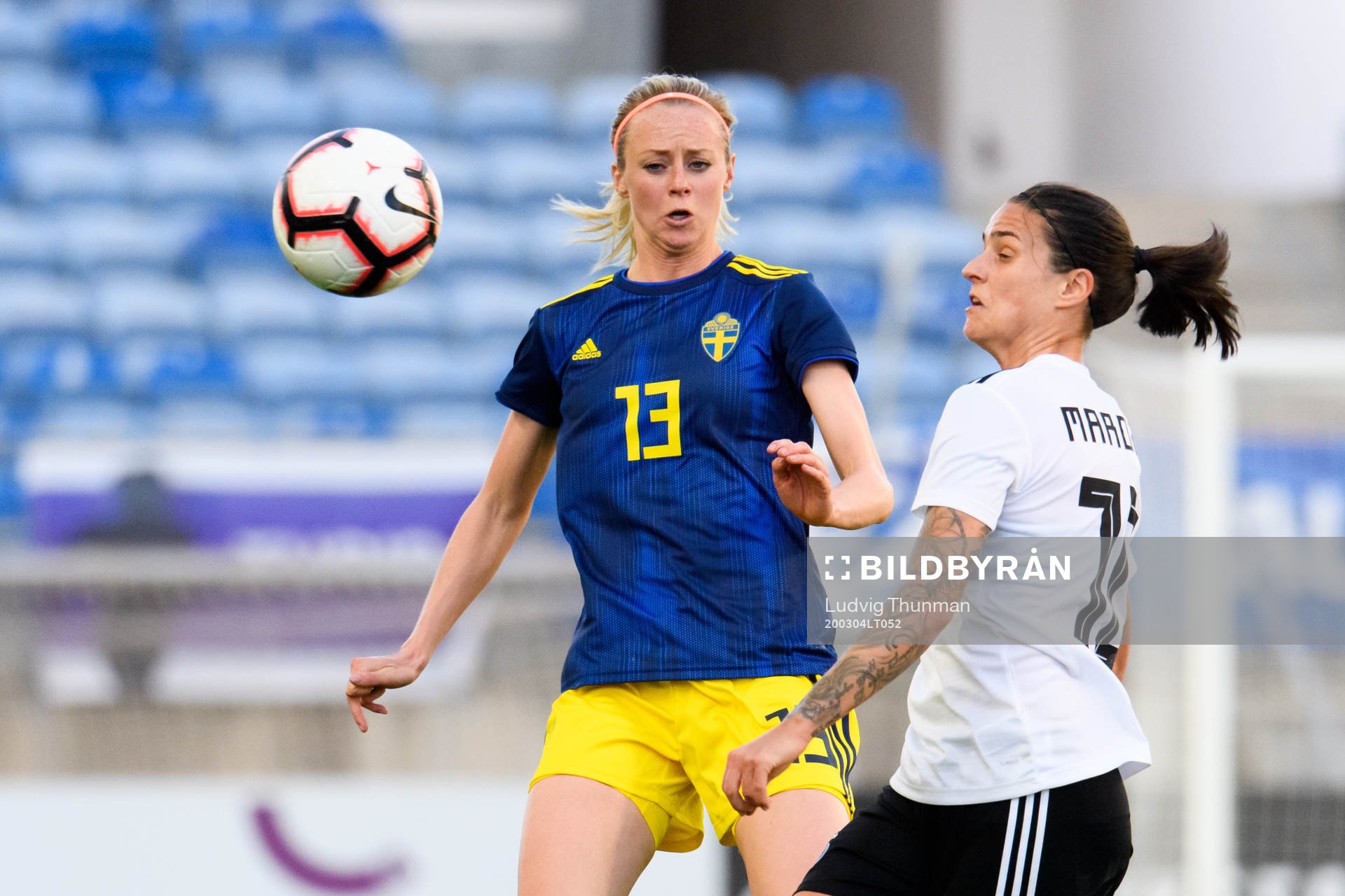 Amanda Ilestedt of Sweden against Dzsenifer Marozsán of