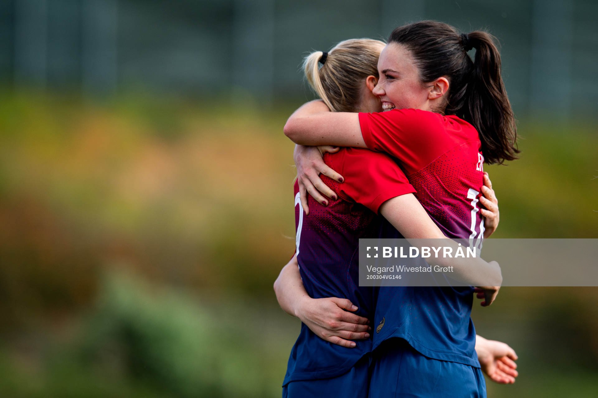 Synne Sofie Kinden Jensen of Norway celebrates with teammate Ingrid Syrstad Engen after scoring 1-2 during the Algarve Cup football match between Denmark and Norway on March 4, 2020 in Parchal.