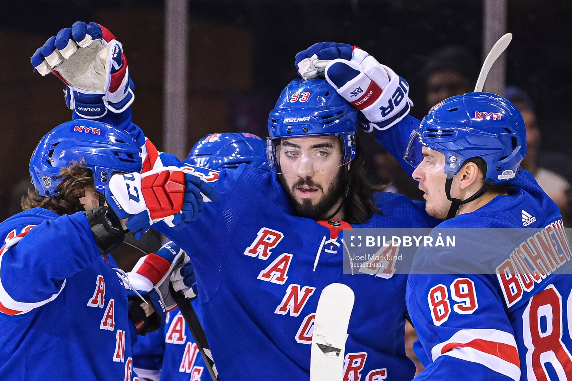 New York Rangers Mika Zibanejad celebrates with teammates