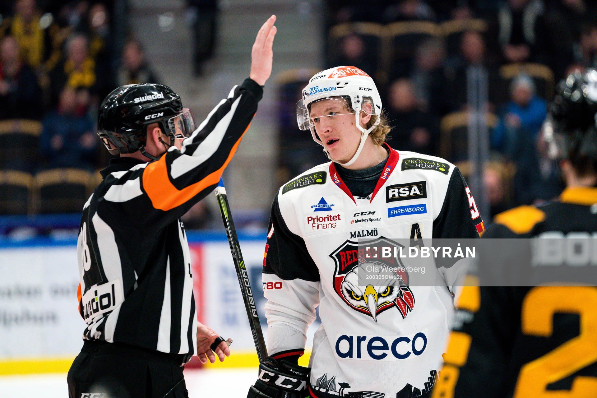 Domaren Mikael Holm och Malmö Redhawks Emil Sylvegård
