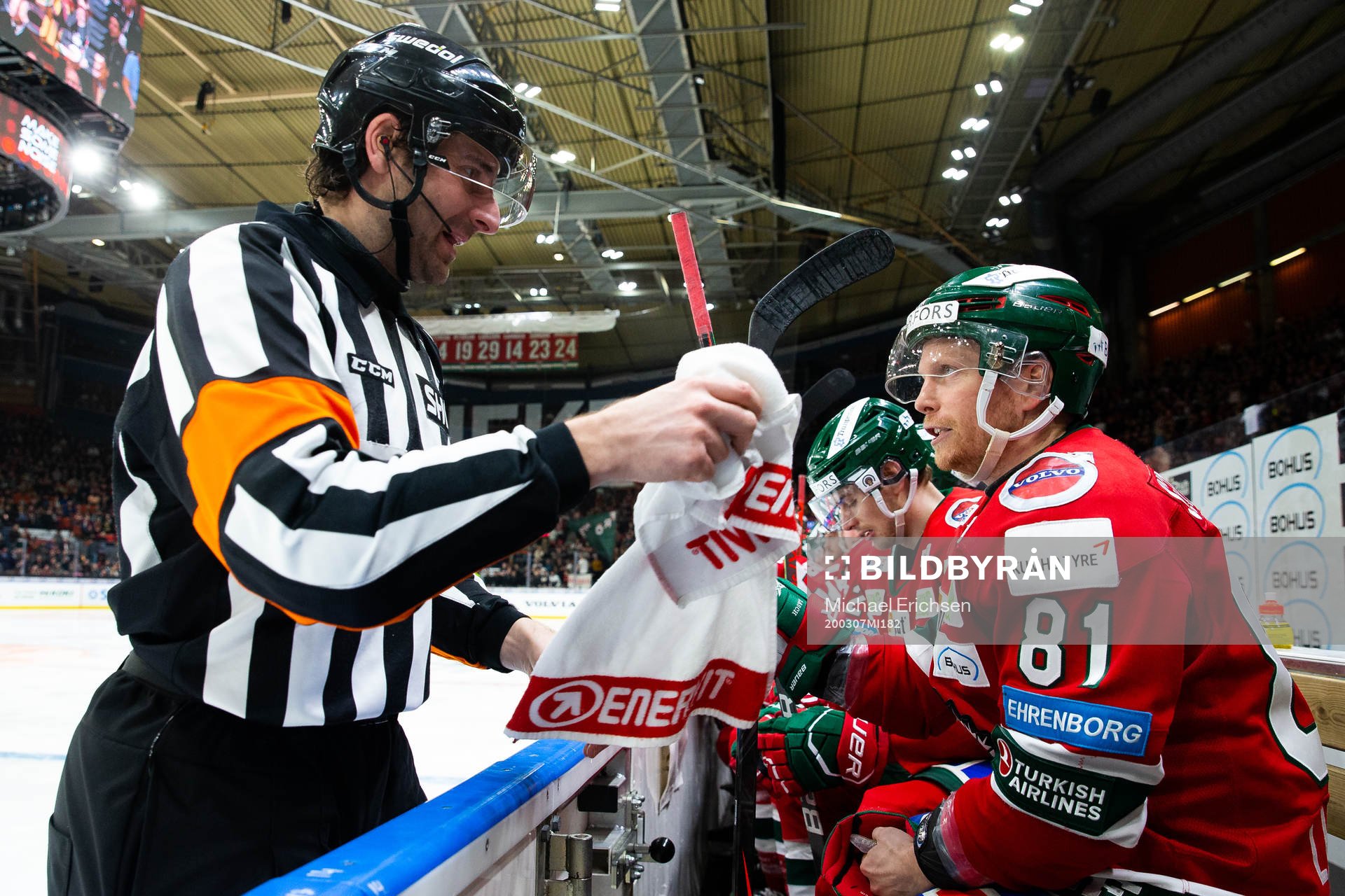 Domare Mikael Sjöqvist pratar med Frölundas Ryan Lasch