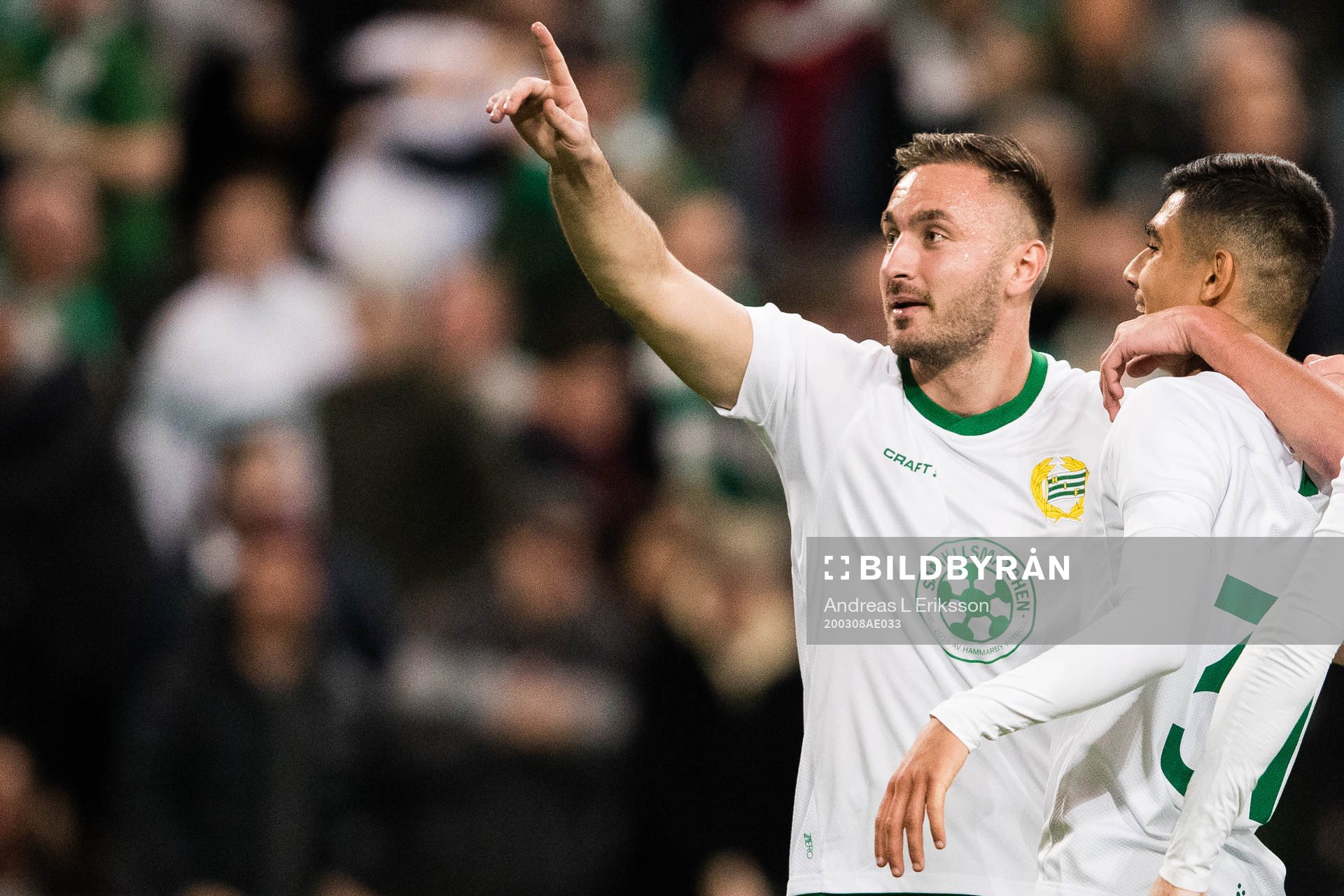 Hammarbys Muamer Tankovic jublar tillsammans med Aimar Sher efter att ha gjort 4-0 för Hammarby under fotbollsmatchen i Svenska Cupen mellan Hammarby och GIF Sundsvall den 8 mars 2020 i Stockholm.