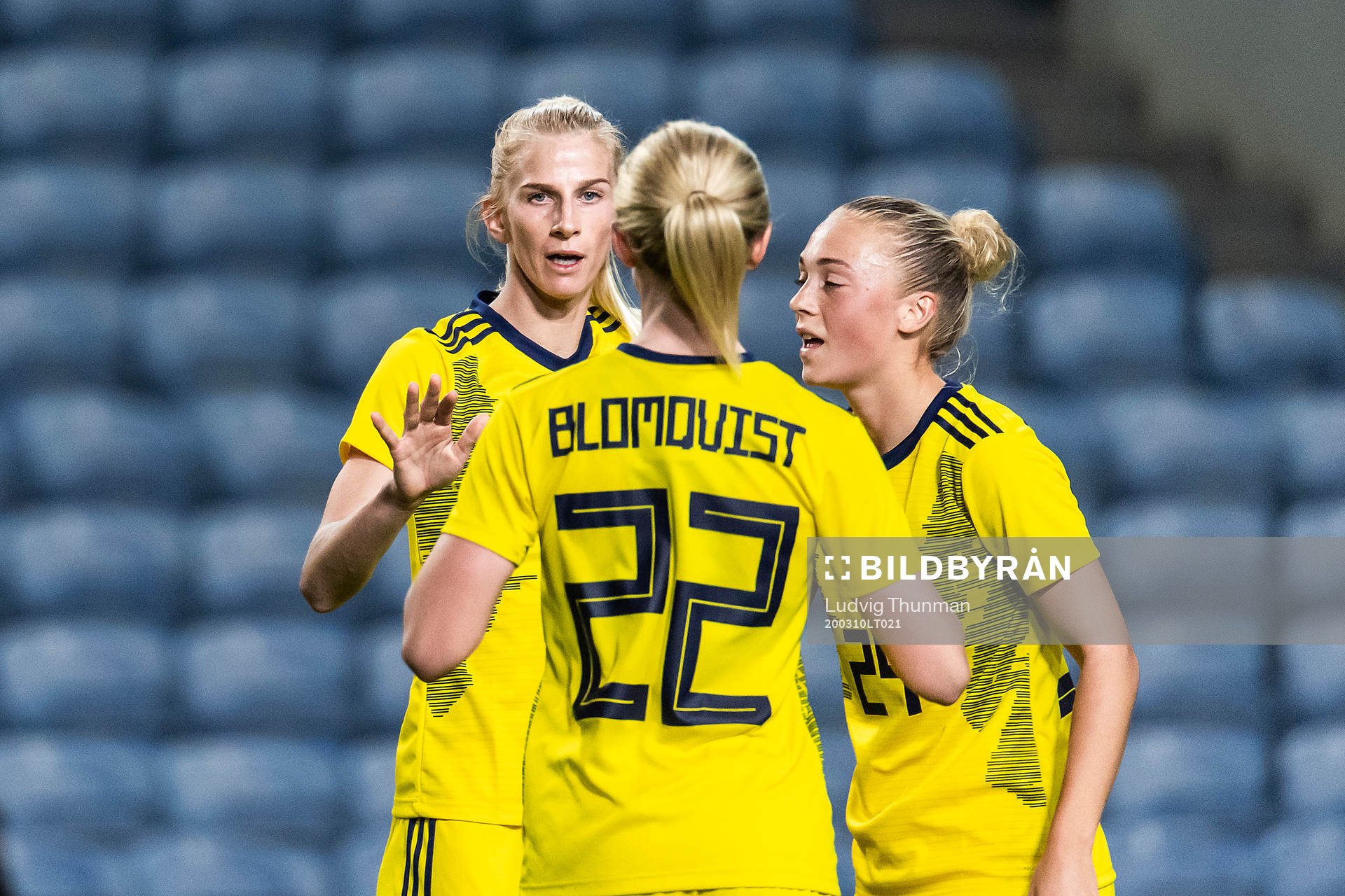 Sofia Jakobsson, Rebecka Blomqvist and Hanna Bennison of Sweden celebrate after 0-1 during the Algarve Cup match between Portugal and Sweden on March 10, 2020 in Faro.