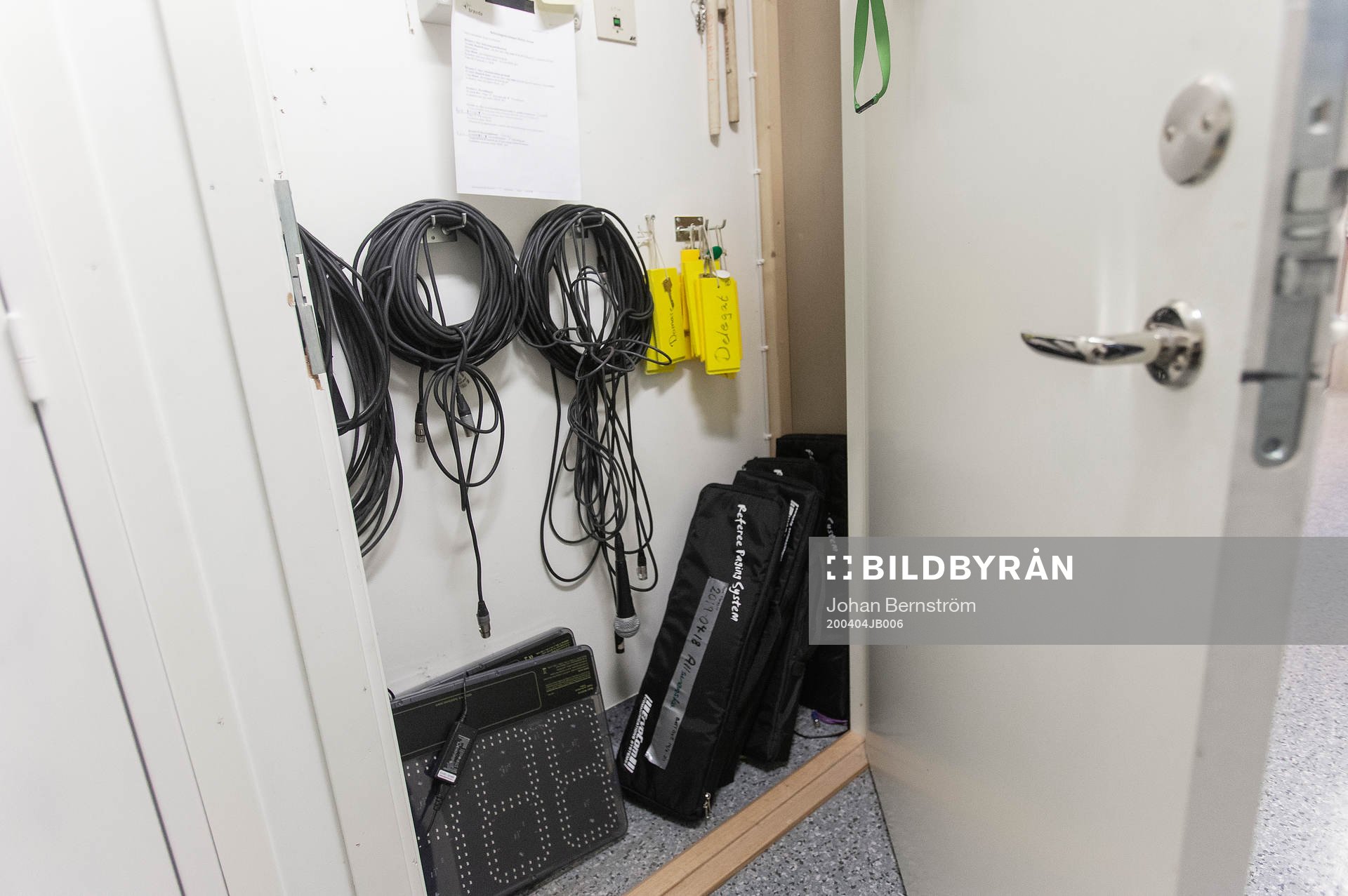 Timekeeping devices inside a storage space at Behrn Arena