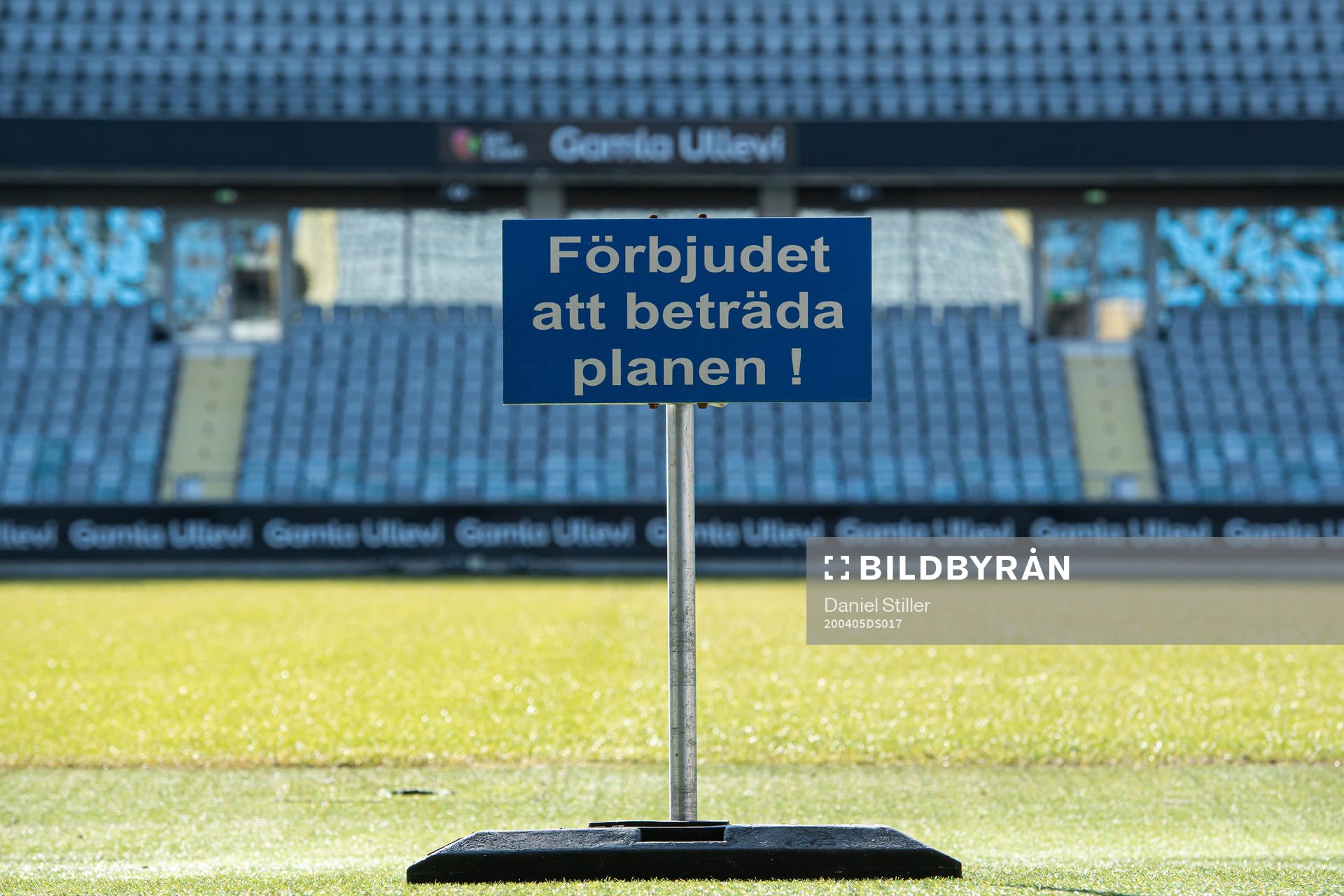 A warning sign about entering the pitch at Gamla Ullevi as