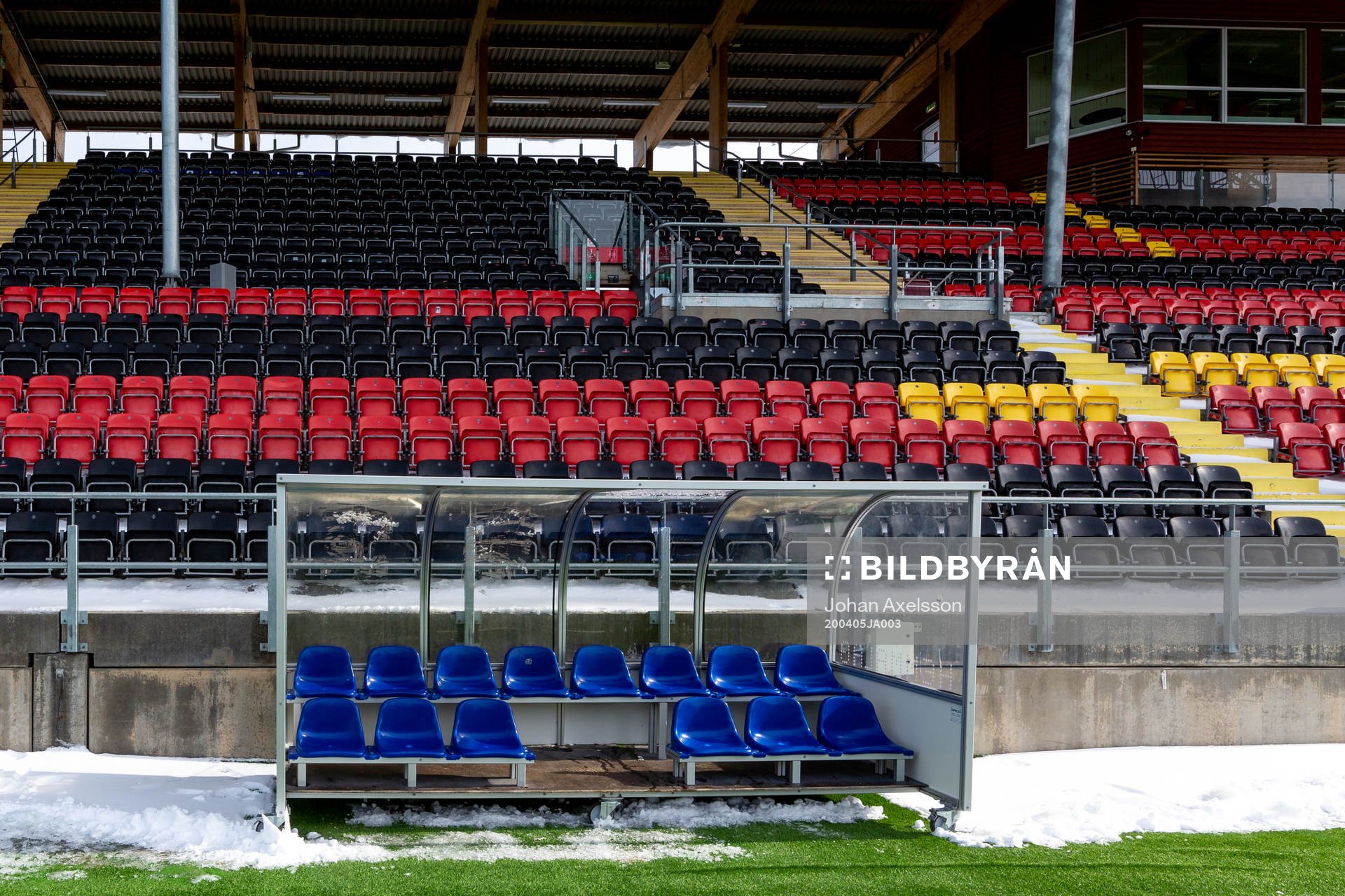 Players benches at Jämtkraft Arena as the coronavirus, COVID-19, outbreak continues on April 5, 2020 in Östersund. On this place and date Östersund and Mjällby would have played the first match of round 1 in the Swedish premier football league, Allsvenskan. The league and its matches are indefinitely postponed because of the coronavirus pandemic.