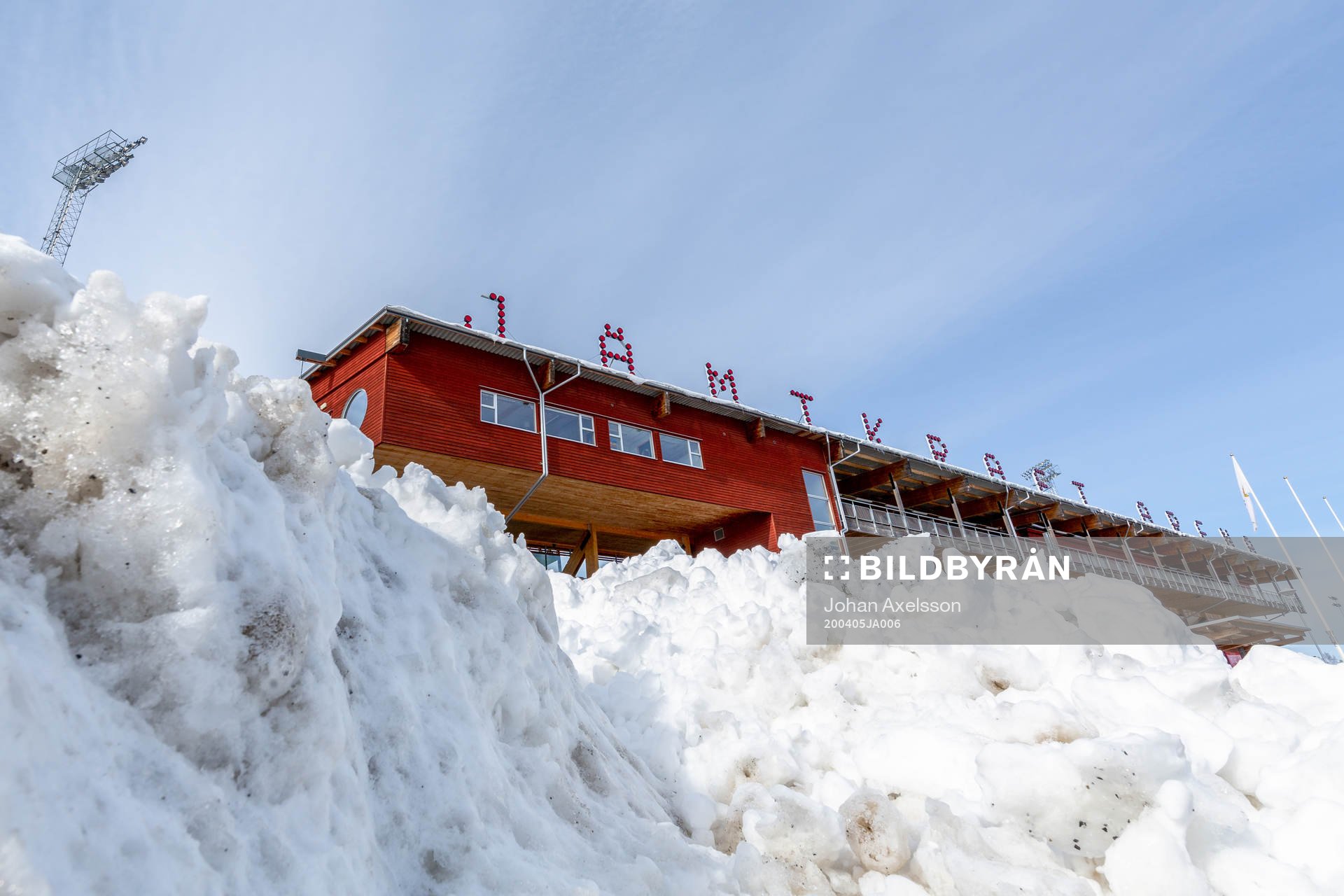 Snow piled up outside Jämtkraft Arena as the coronavirus,