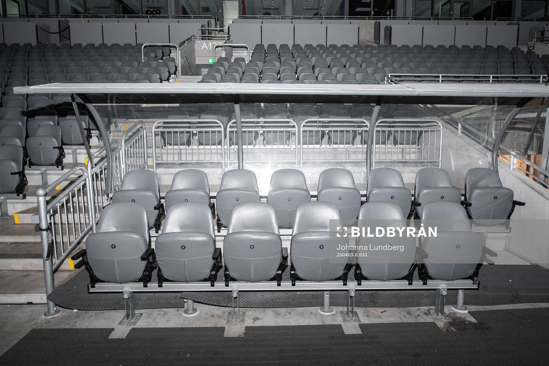 Player benches at Tele2 arena as the coronavirus, COVID-19,