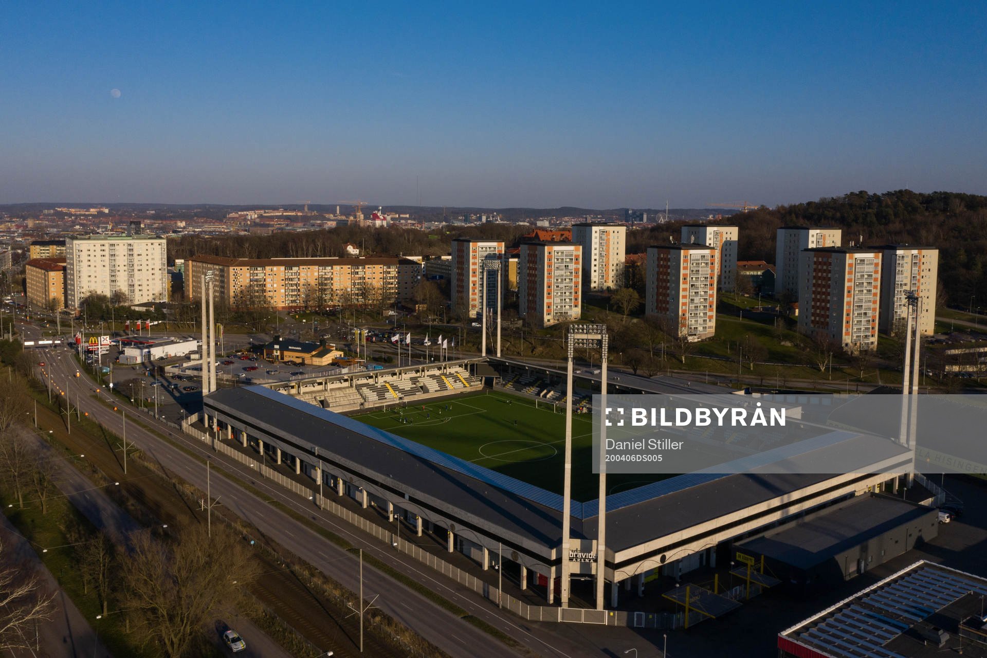 Aerial view of Bravida Arena as the coronavirus, COVID-19,