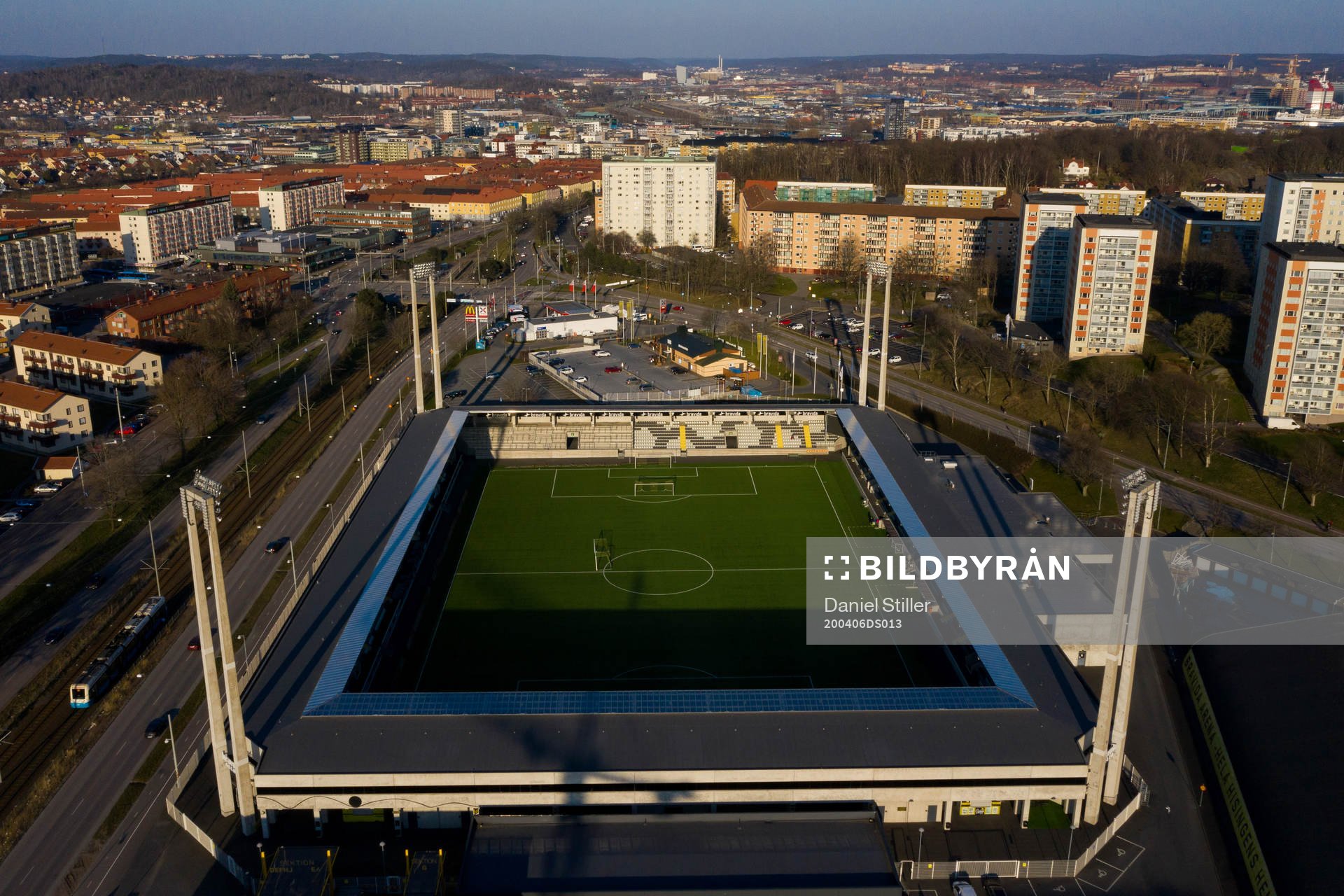 Aerial view of Bravida Arena as the coronavirus, COVID-19,