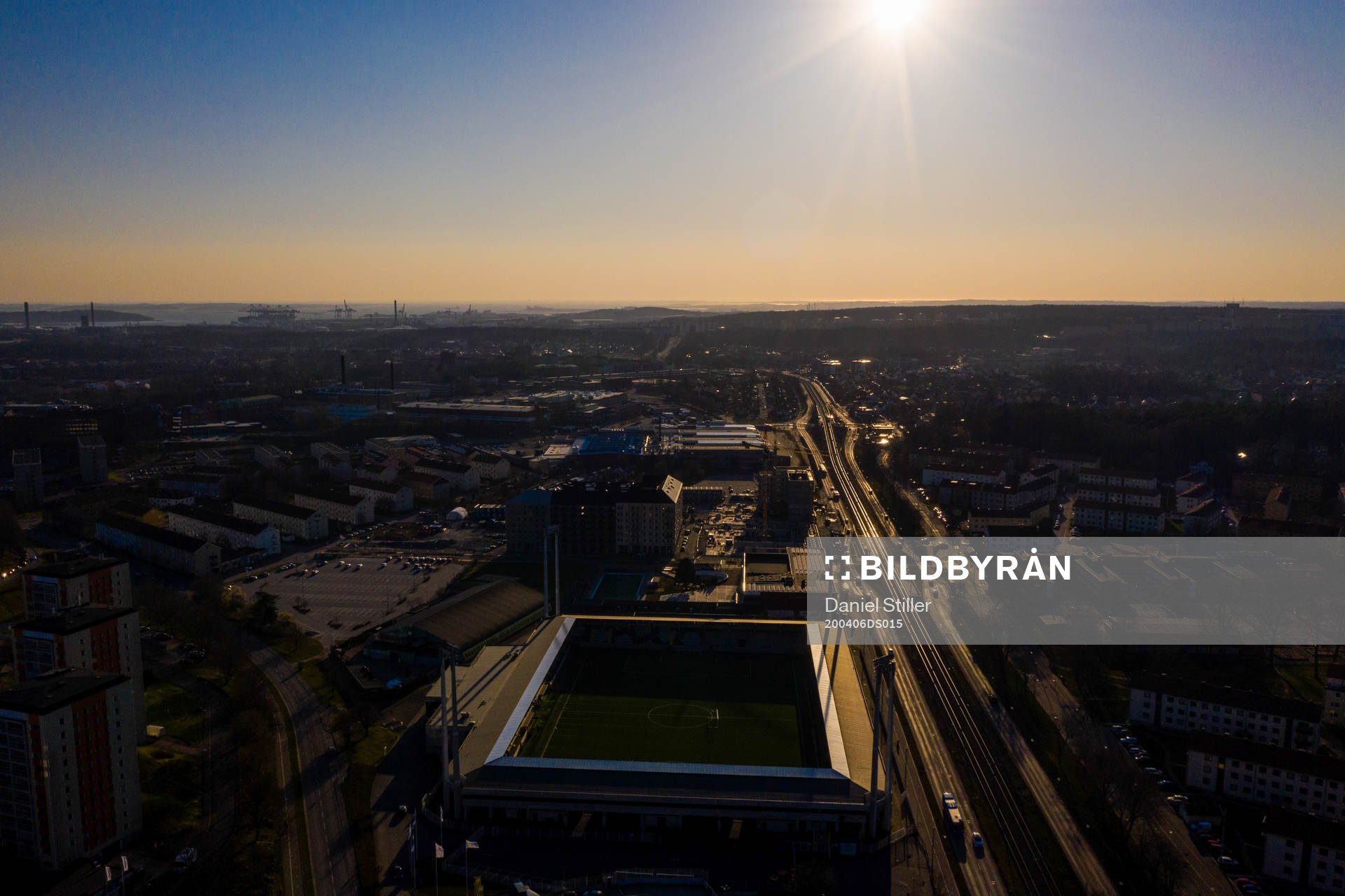 Aerial view of Bravida Arena as the coronavirus, COVID-19,