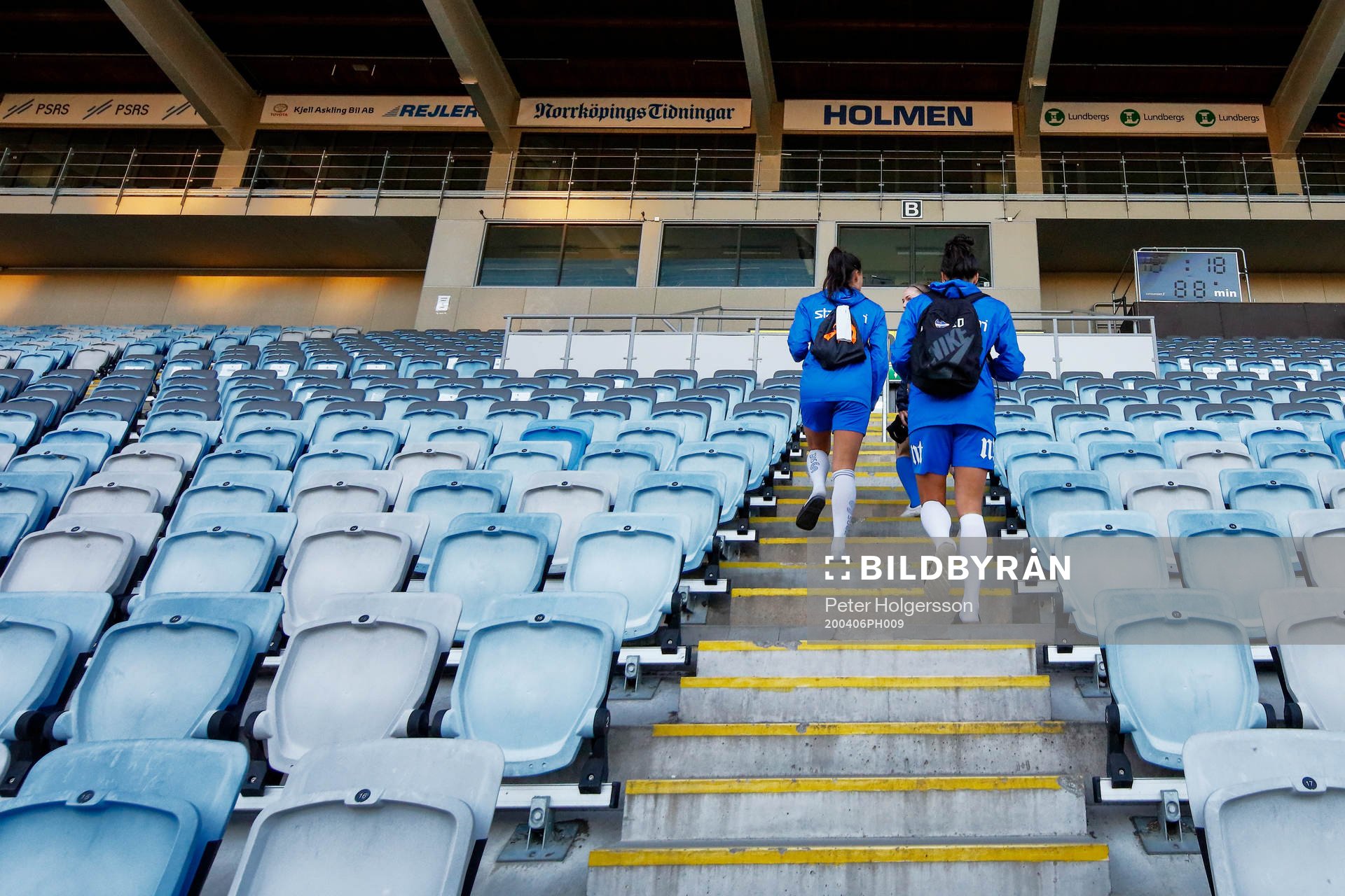 Players from IFK Norrköping’s women team walks by empty seats after a training session at Östgötaporten Arena as the coronavirus, COVID-19, outbreak continues on April 6, 2020 in Norrköping. On this place and date IFK Norrköping and Malmö FF would have played their first round match in the Swedish premier football league, Allsvenskan. The league and its matches are indefinitely postponed because of the coronavirus pandemic.