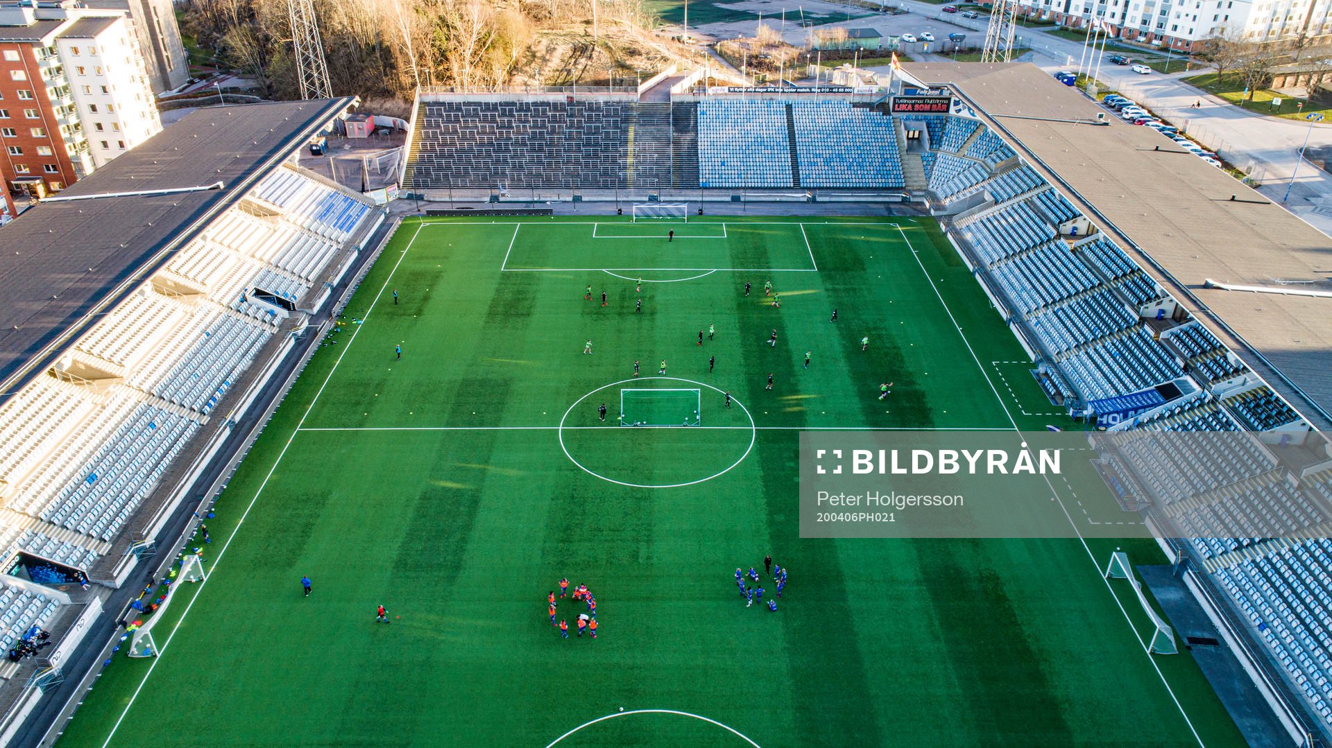 Aerial view of youth teams practicing at Östgötaporten