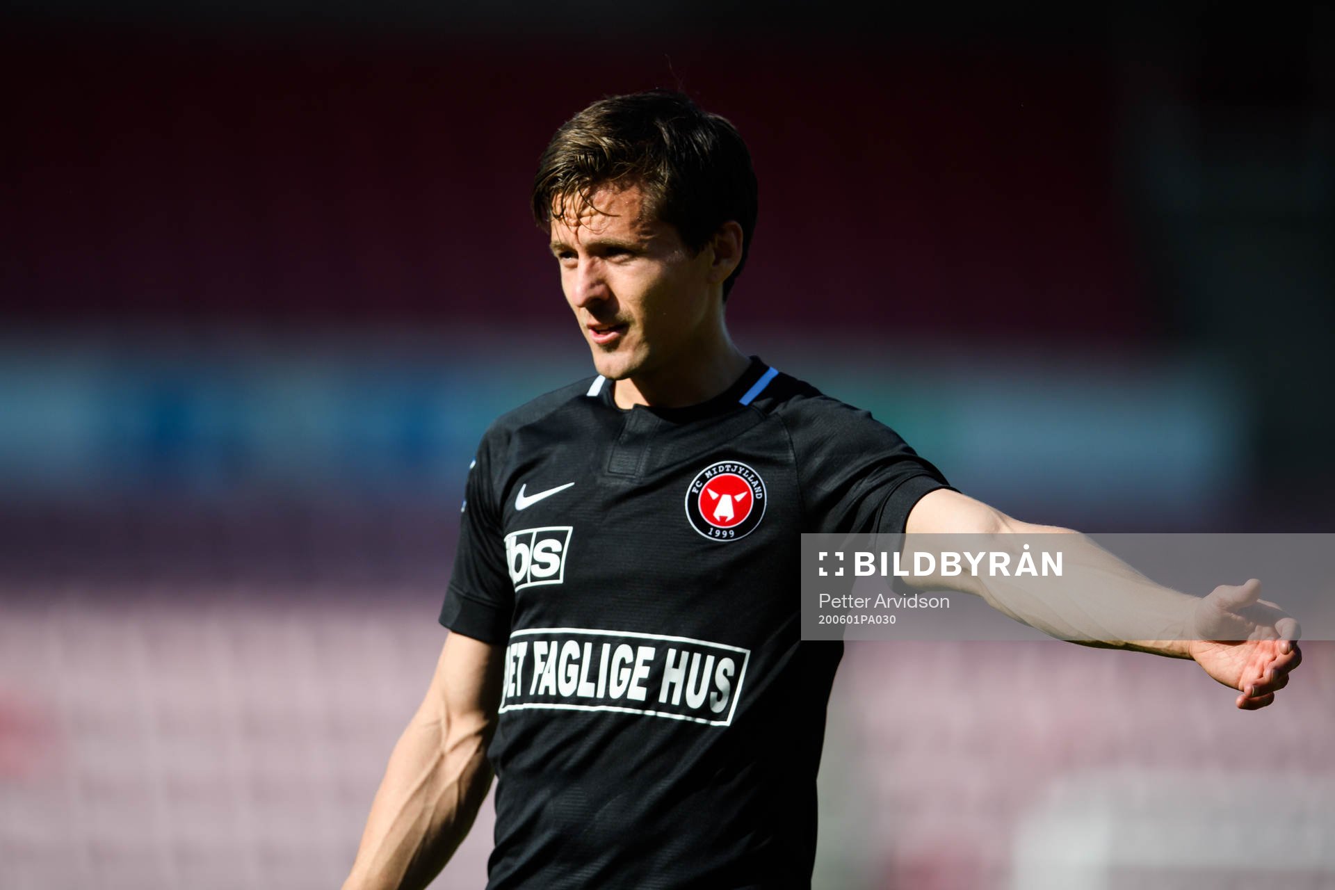 Lasse Vibe of Midtjylland during the Danish Superliga match between FC Midtjylland and AC Horsens on July 1, 2020 in Herning.