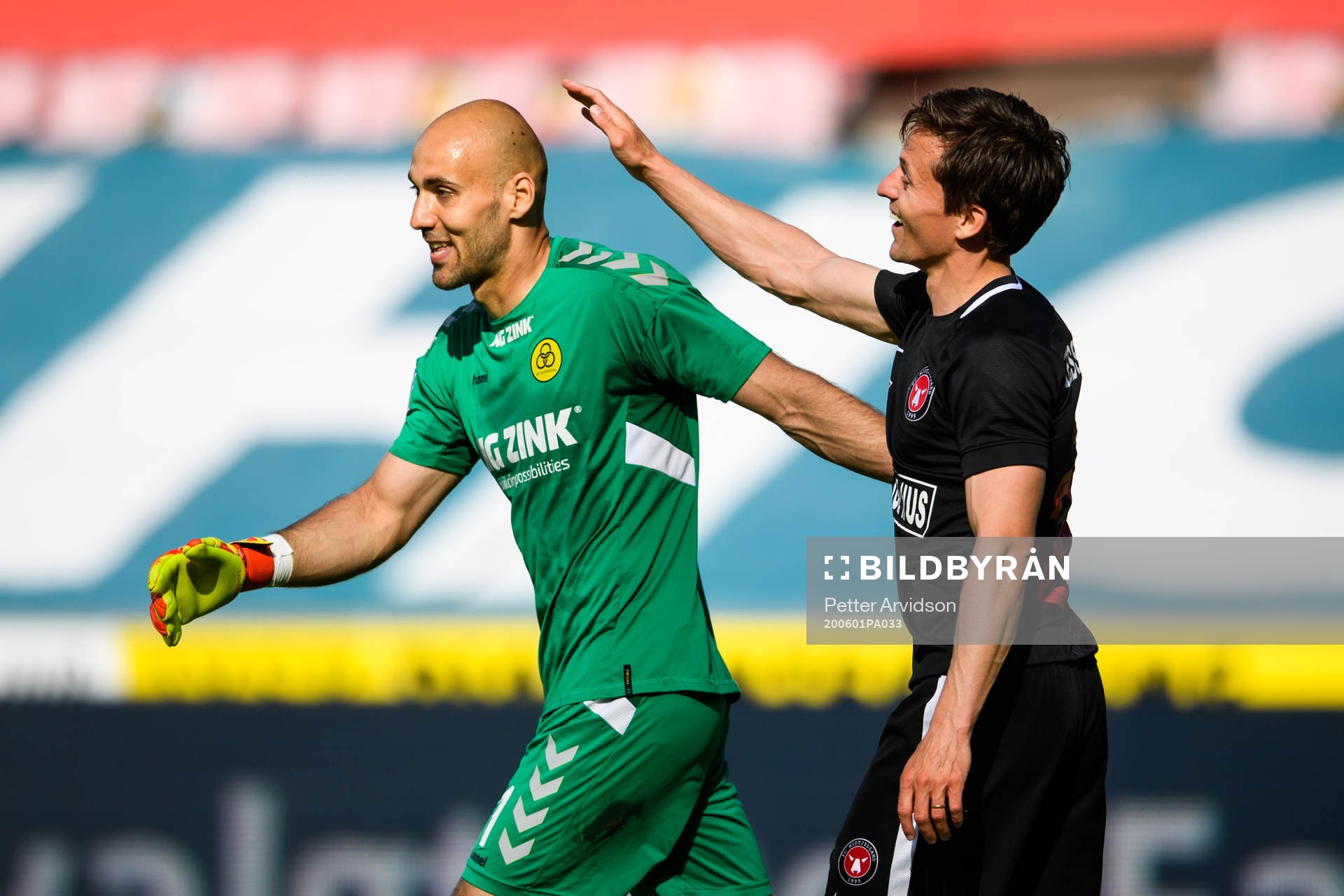 Goalkeeper Matej Delac of Horsens Lasse Vibe of Midtjylland after the Danish Superliga match between FC Midtjylland and AC Horsens on July 1, 2020 in Herning.