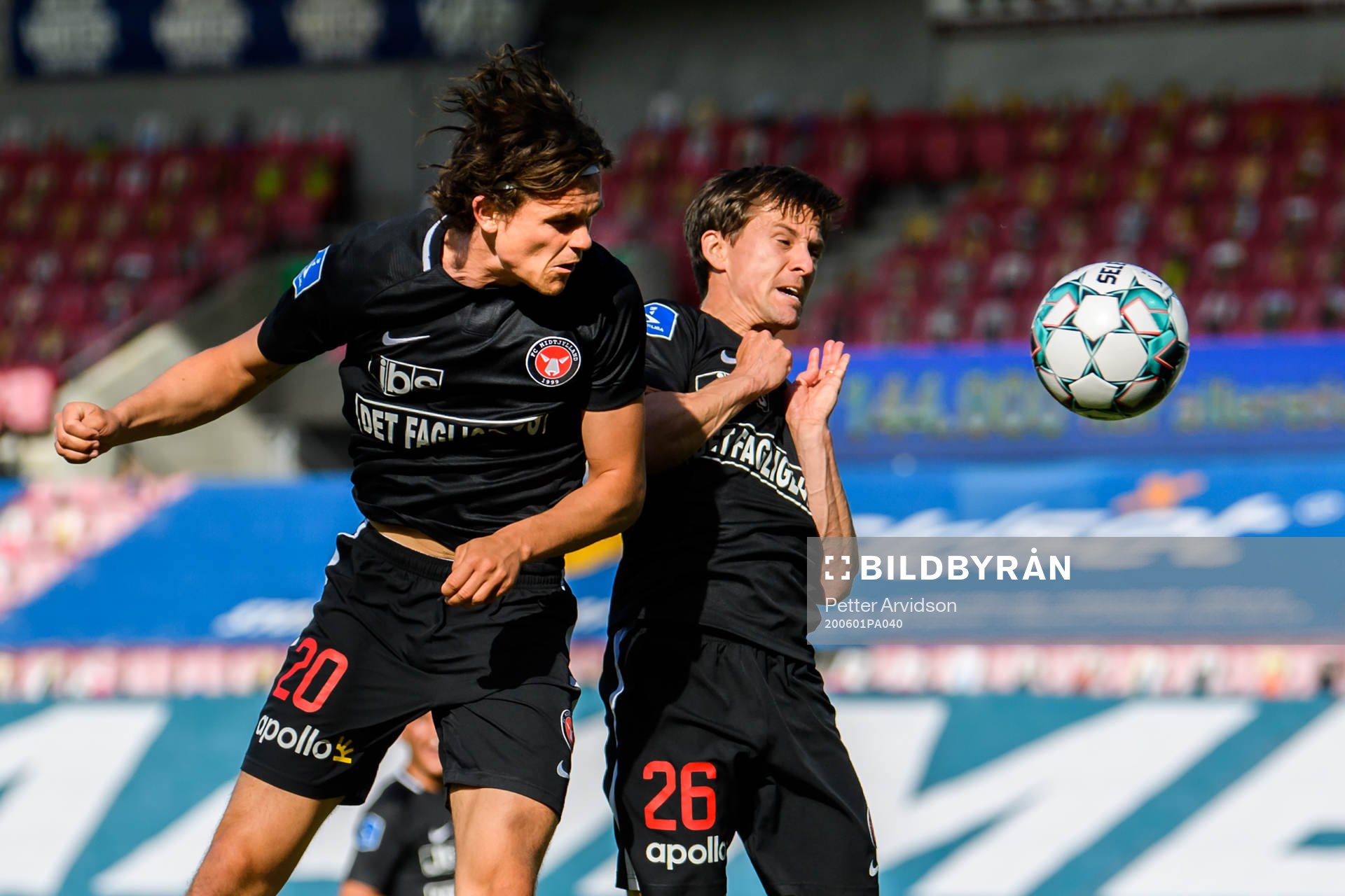 Rasmus Nicolaisen and Lasse Vibe of Midtjylland during the Danish Superliga match between FC Midtjylland and AC Horsens on July 1, 2020 in Herning.
