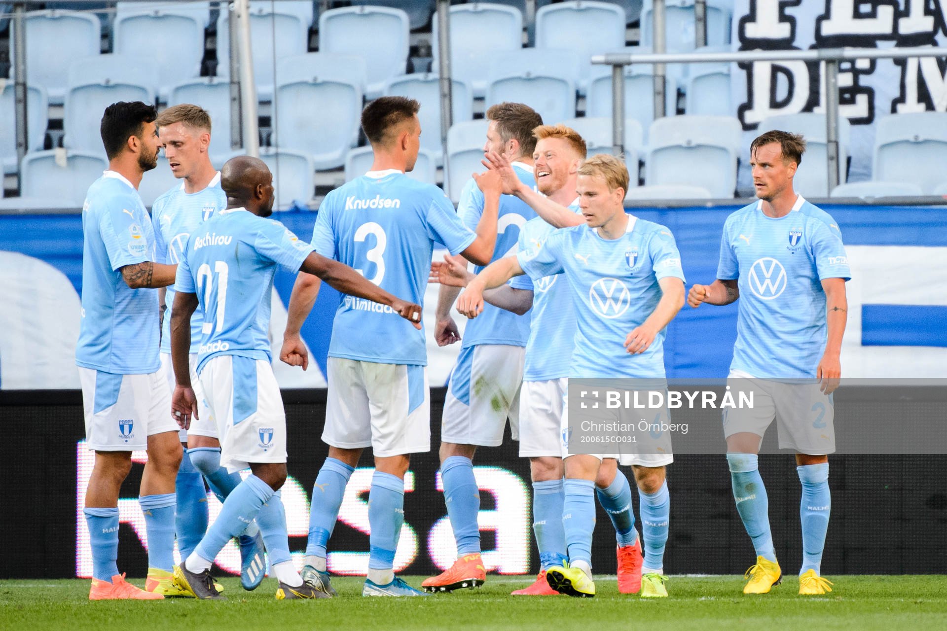 Malmö FFs Anders Christiansen jublar efter 2-0 under fotbollsmatchen i Allsvenskan mellan Malmö FF och Mjällby den 15 juni 2020 i Malmö.