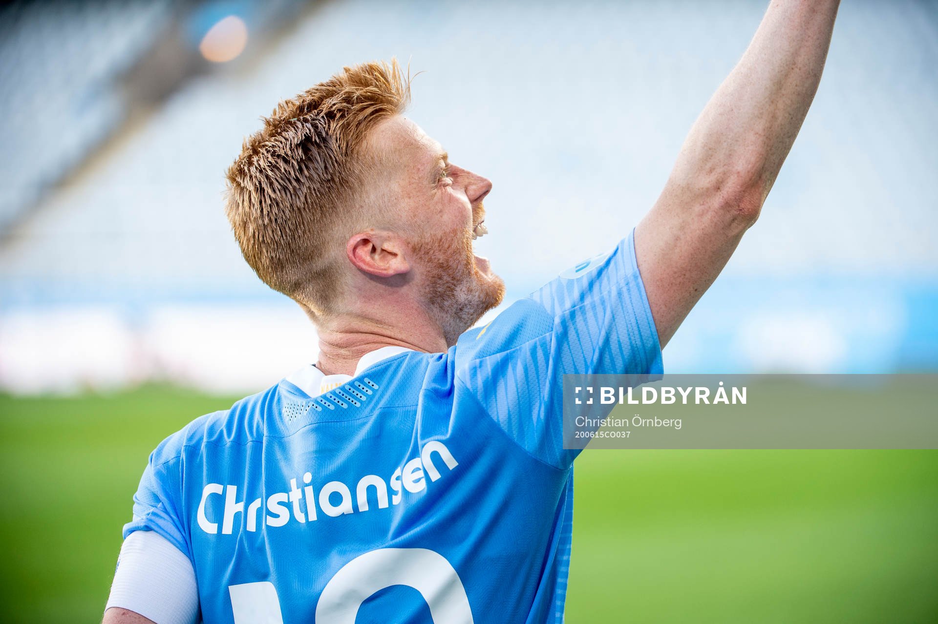 Malmö FFs Anders Christiansen jublar efter vinsten i fotbollsmatchen i Allsvenskan mellan Malmö FF och Mjällby den 15 juni 2020 i Malmö.