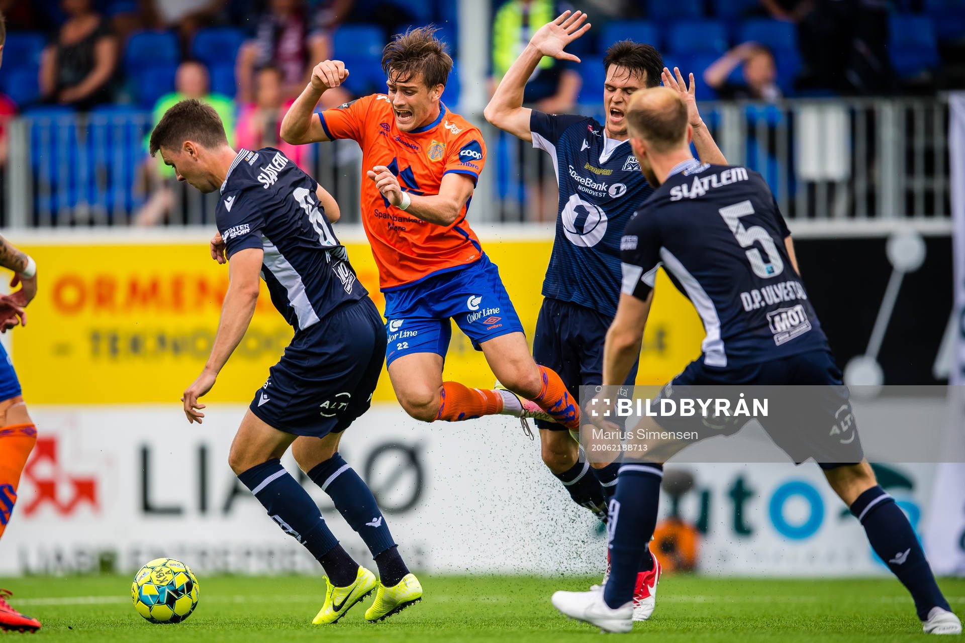Sigurd Hauso Haugen of Aalesund and Bent Langåssve Sørmo of Kristiansund during the Eliteserien match between Kristiansund and Aalesund on June 21, 2020 in Kristiansund.