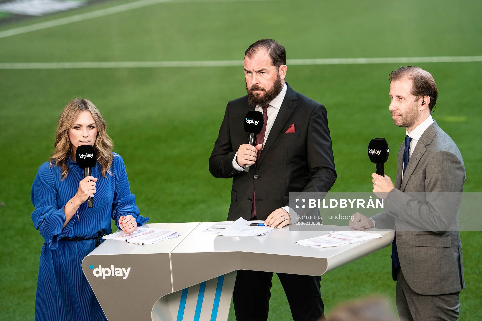 Dplay’s studio med Karin Frick, Alexander Axén och Simon Bank under fotbollsmatchen i Allsvenskan mellan Hammarby och AIK den 21 juni 2020 i Stockholm.