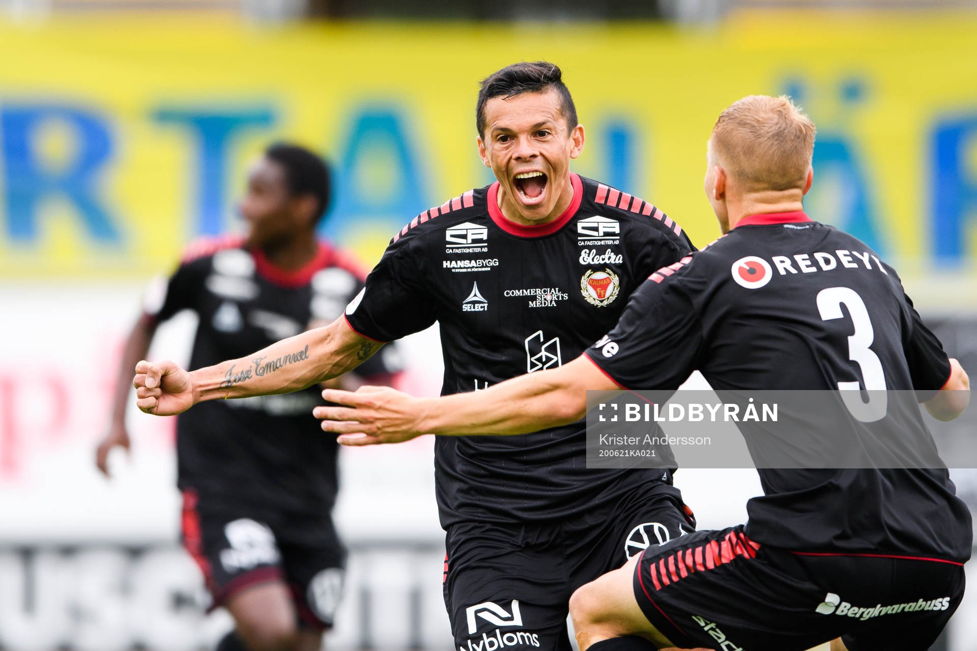 Kalmars Romario Pereira Sipiao jublar efter 0-1 under fotbollsmatchen i Allsvenskan mellan Falkenberg och Kalmar den 21 juni 2020 i Falkenberg.