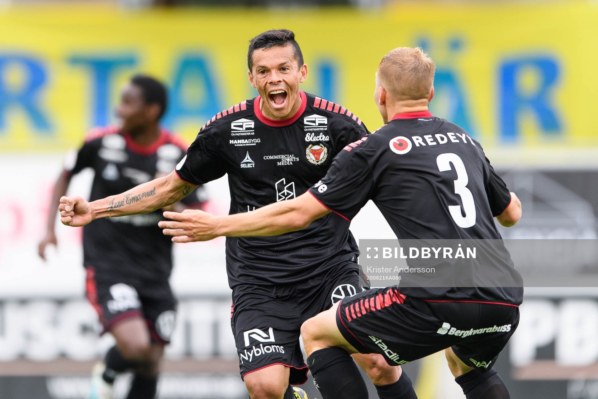 Kalmars Romario Pereira Sipiao jublar efter 0-1 under fotbollsmatchen i Allsvenskan mellan Falkenberg och Kalmar den 21 juni 2020 i Falkenberg.