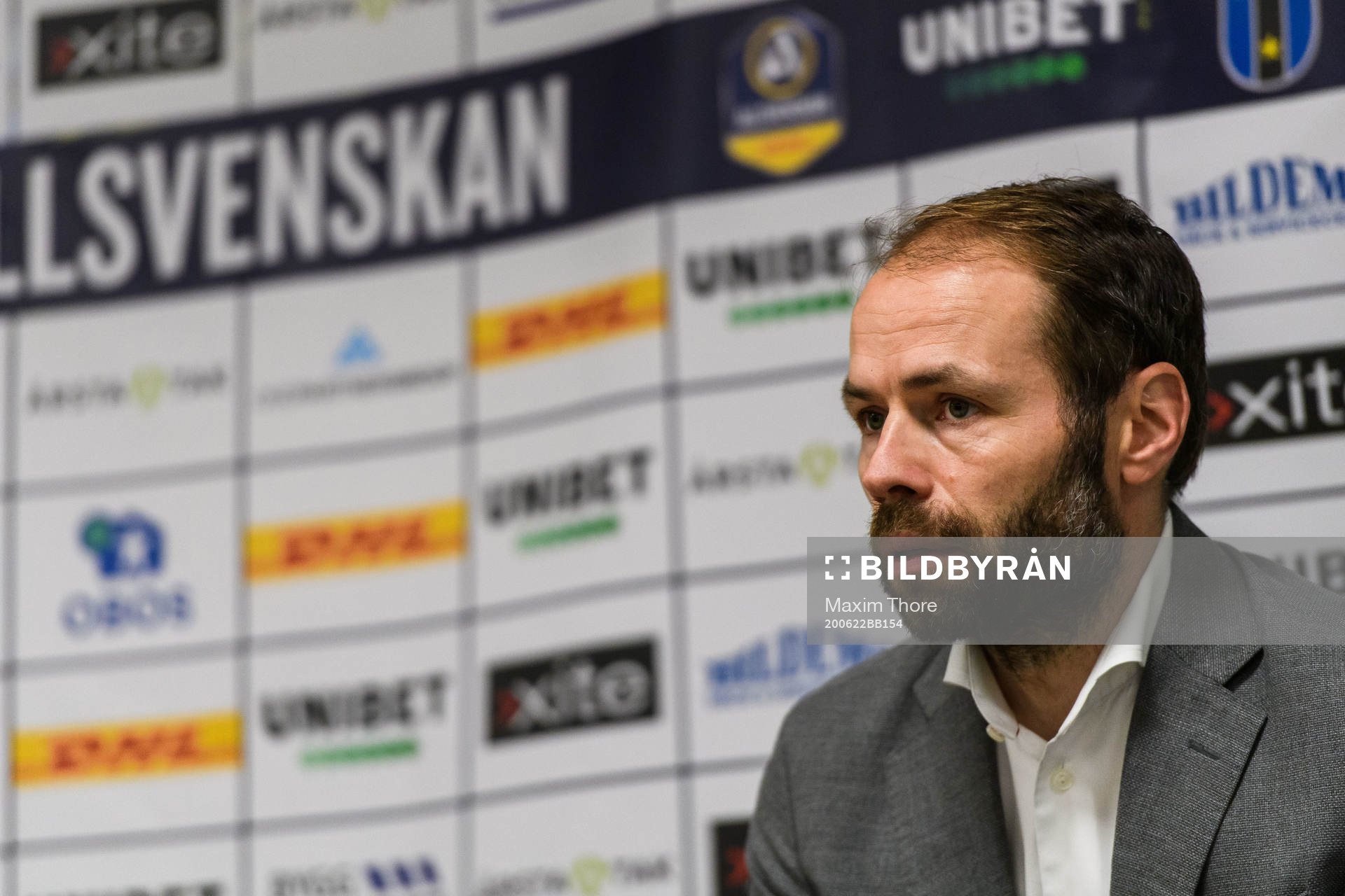 Häckens tränare Andreas Alm under en presskonferens efter fotbollsmatchen i Allsvenskan mellan Sirius och Häcken den 22 juni 2020 i Uppsala.