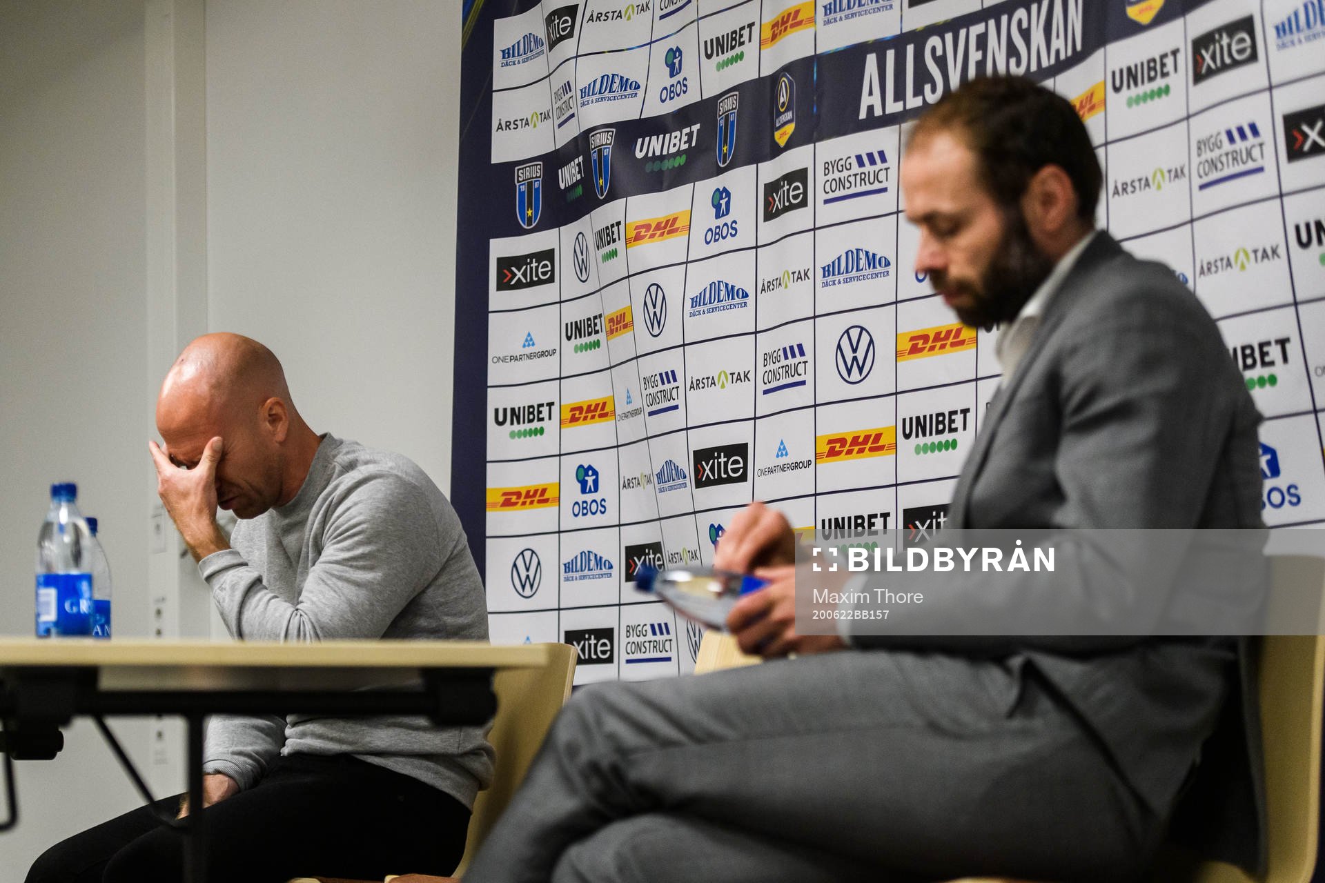 Sirius tränare Henrik Rydström och Häckens tränare Andreas Alm under en presskonferens efter fotbollsmatchen i Allsvenskan mellan Sirius och Häcken den 22 juni 2020 i Uppsala.