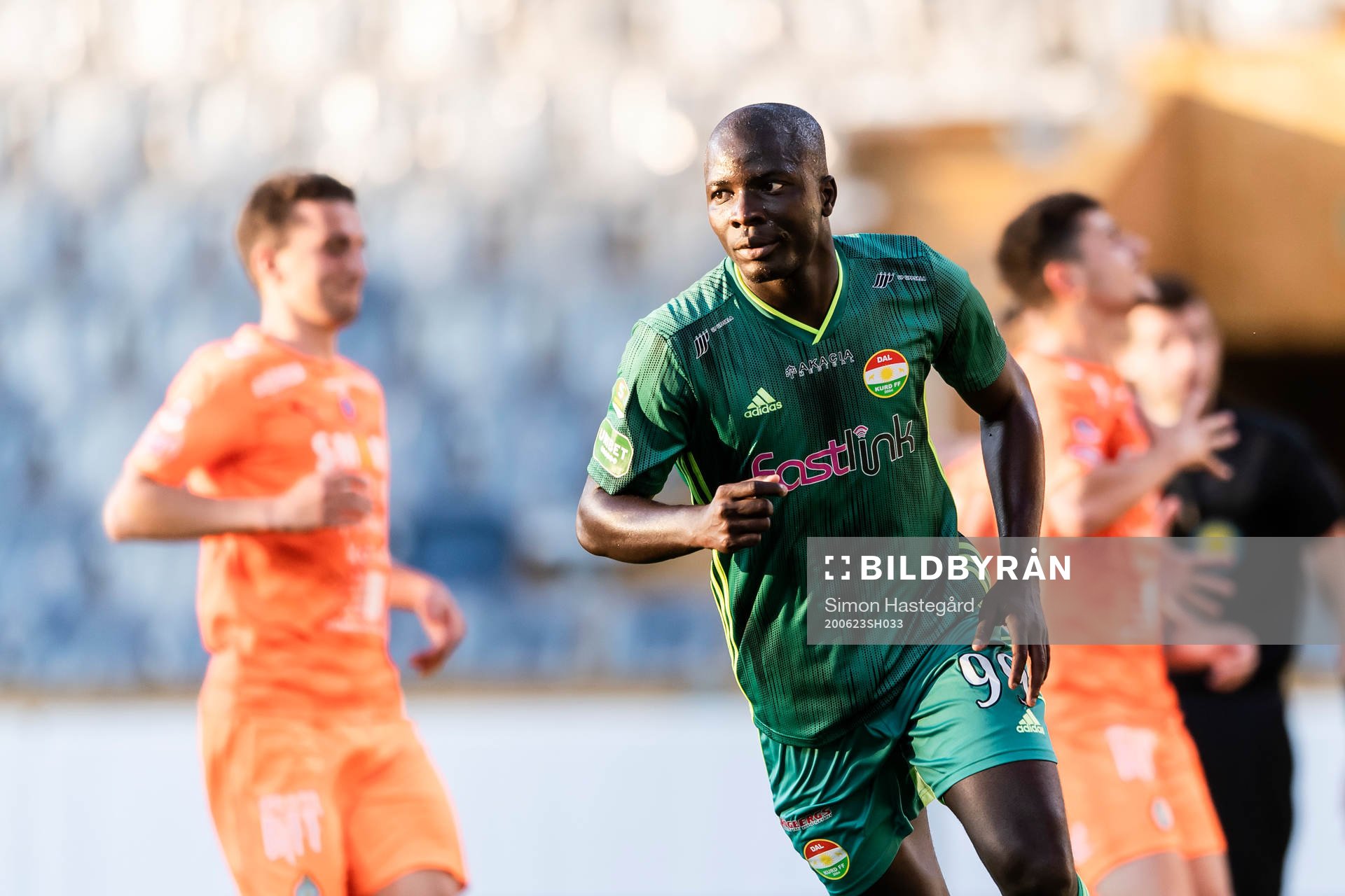 Dalkurds Kerfala Cissoko jublar efter 5-0 under fotbollsmatchen i Superettan mellan Dalkurd och AFC Eskilstuna den 23 juni 2020 i Uppsala.