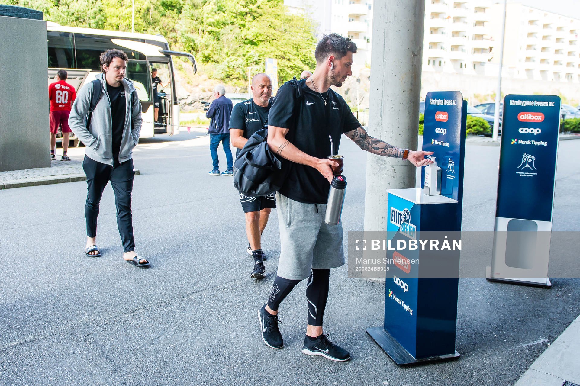 Vegard Valgermo Forren and Daniel Alexander Pedersen of Brann arrives ahead of the Eliteserien match between Aalesund and Brann on June 24, 2020 in Ålesund.