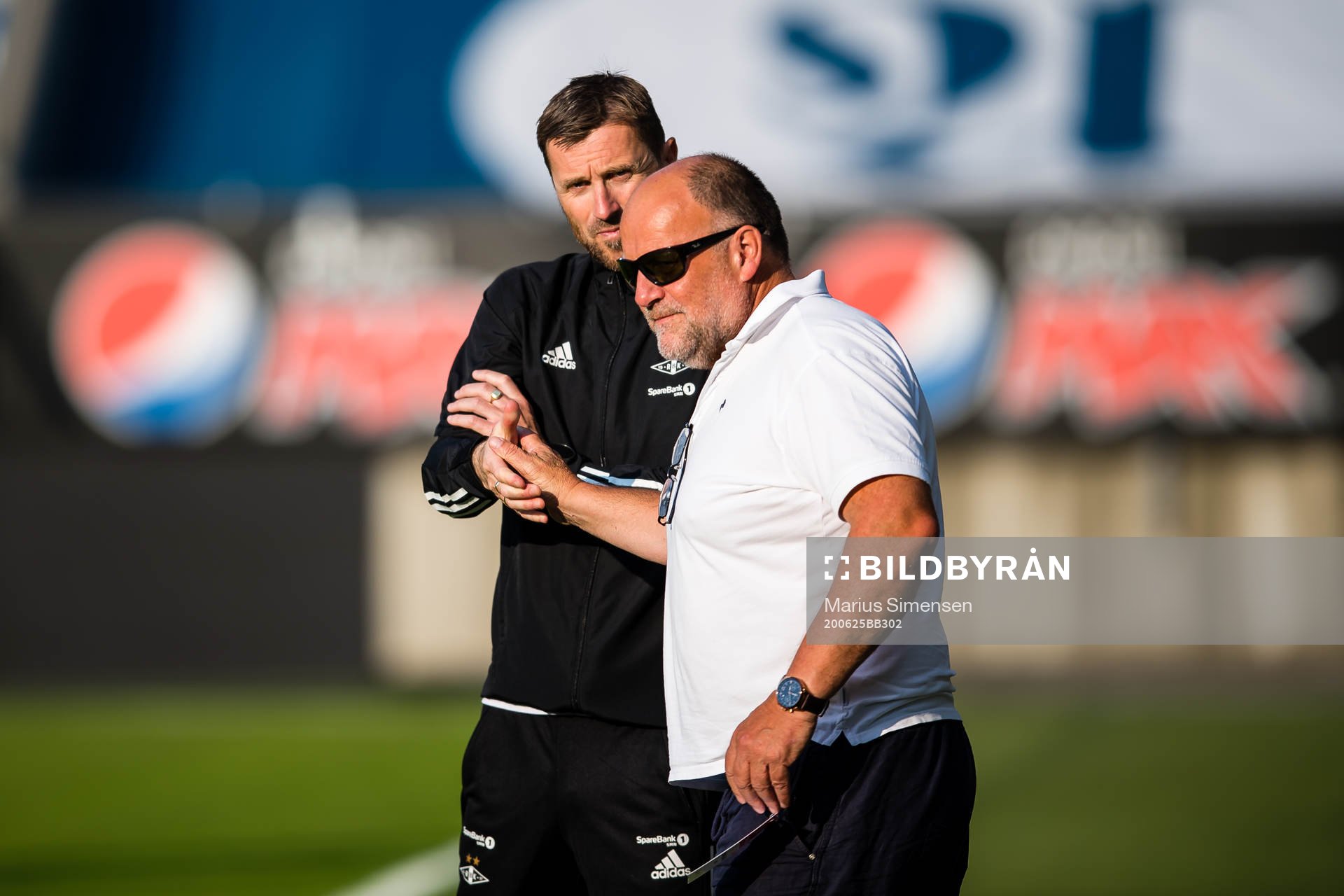 Eirik Horneland, head coach of Rosenborg, ahd Ivar Koteng, chairman of Rosenborg ahead of the Eliteserien match between Rosenborg and Bodø/Glimt on June 25, 2020 in Trondheim.