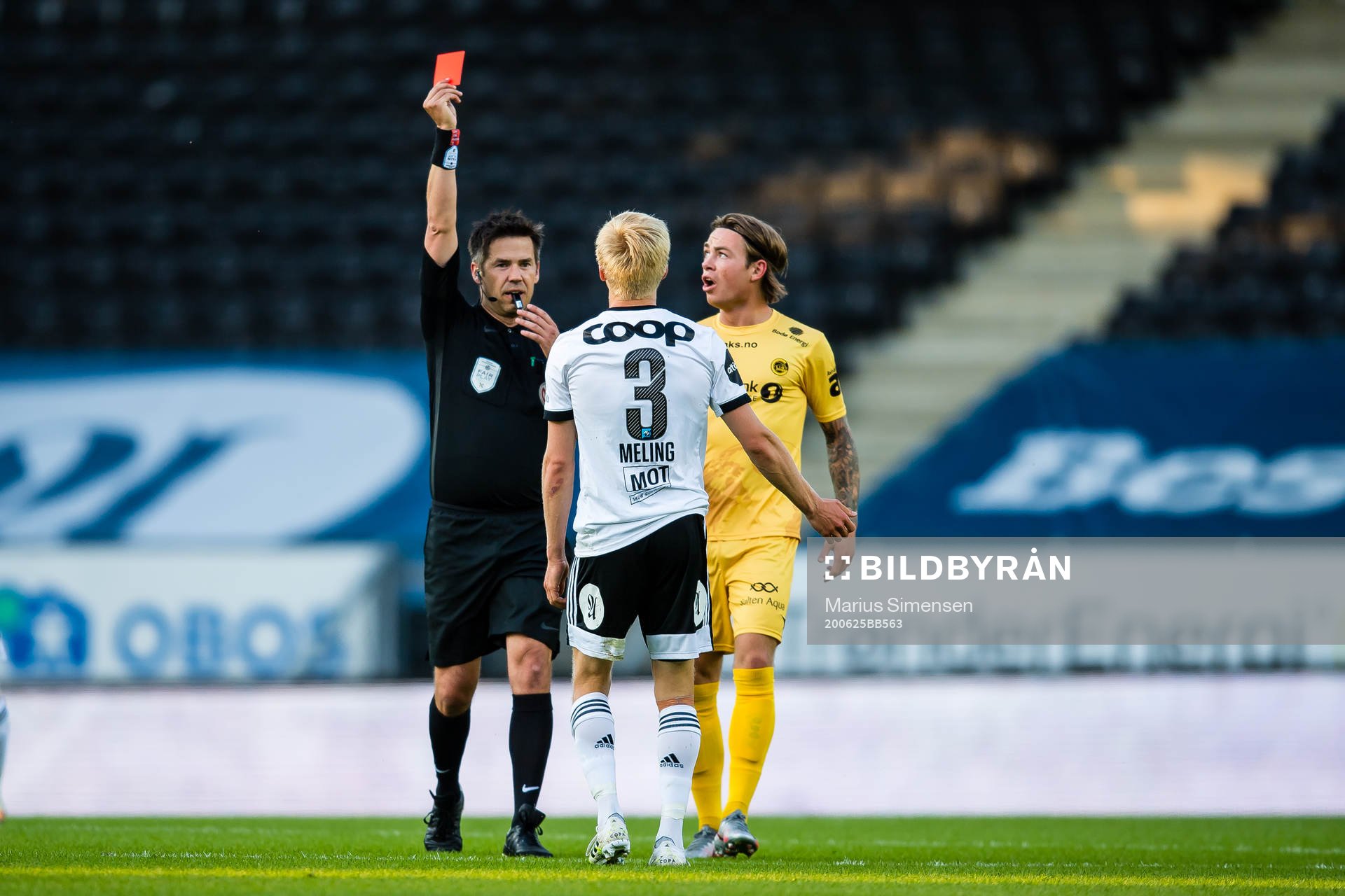 Birger Solberg Meling of Rosenborg after receiving a red card by Tom Harald Hagen, referee, during the Eliteserien match between Rosenborg and Bodø/Glimt on June 25, 2020 in Trondheim.