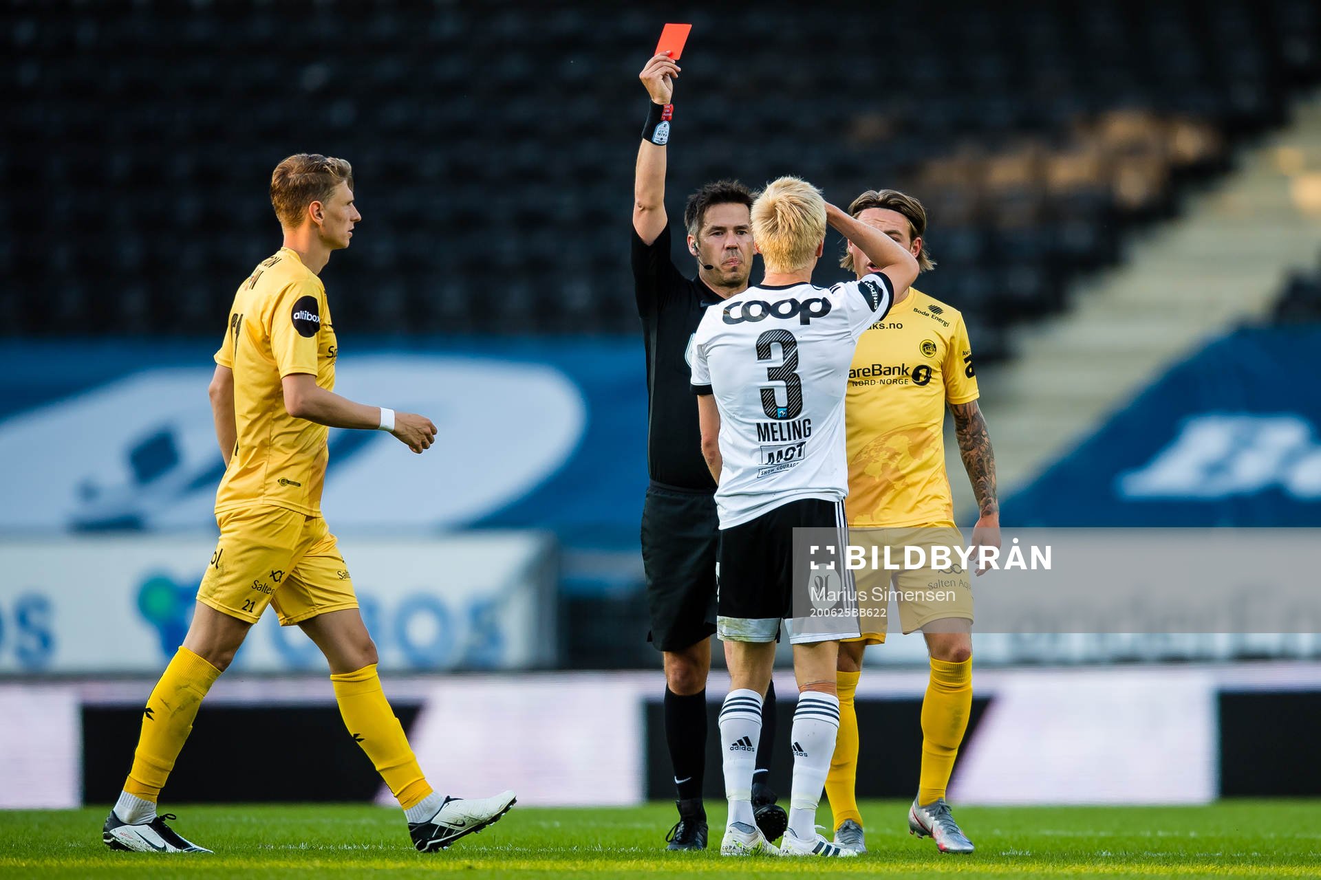 Birger Solberg Meling of Rosenborg reacts after receiving a red card by Tom Harald Hagen, referee, during the Eliteserien match between Rosenborg and Bodø/Glimt on June 25, 2020 in Trondheim.