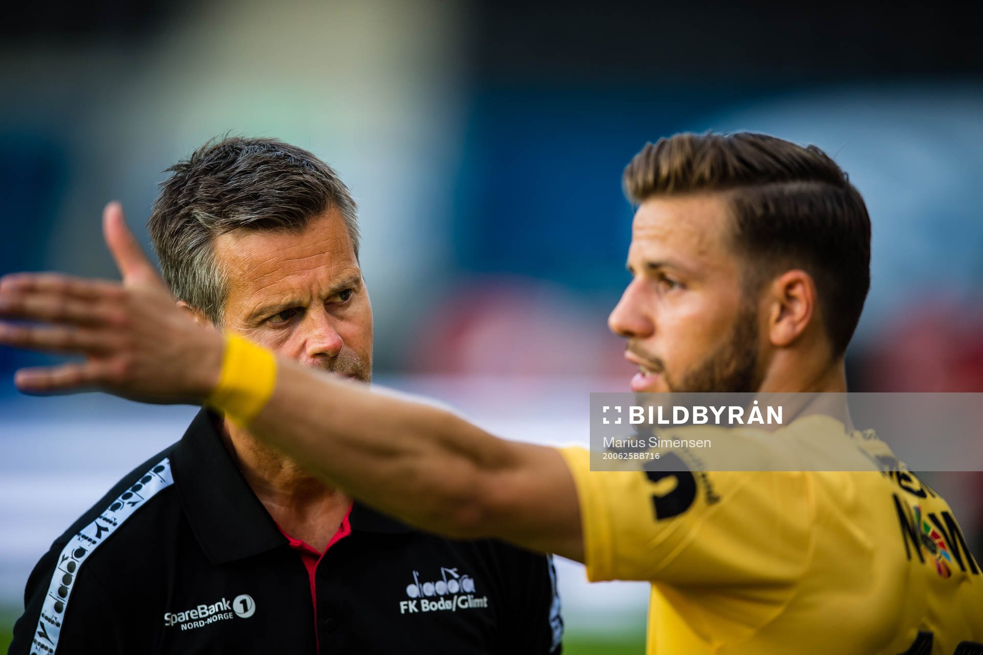 Kjetil Knutsen, head coach of Bodø/Glimt, and Philip Aksel Frigast Zinckernagel of Bodø/Glimt the Eliteserien match between Rosenborg and Bodø/Glimt on June 25, 2020 in Trondheim.