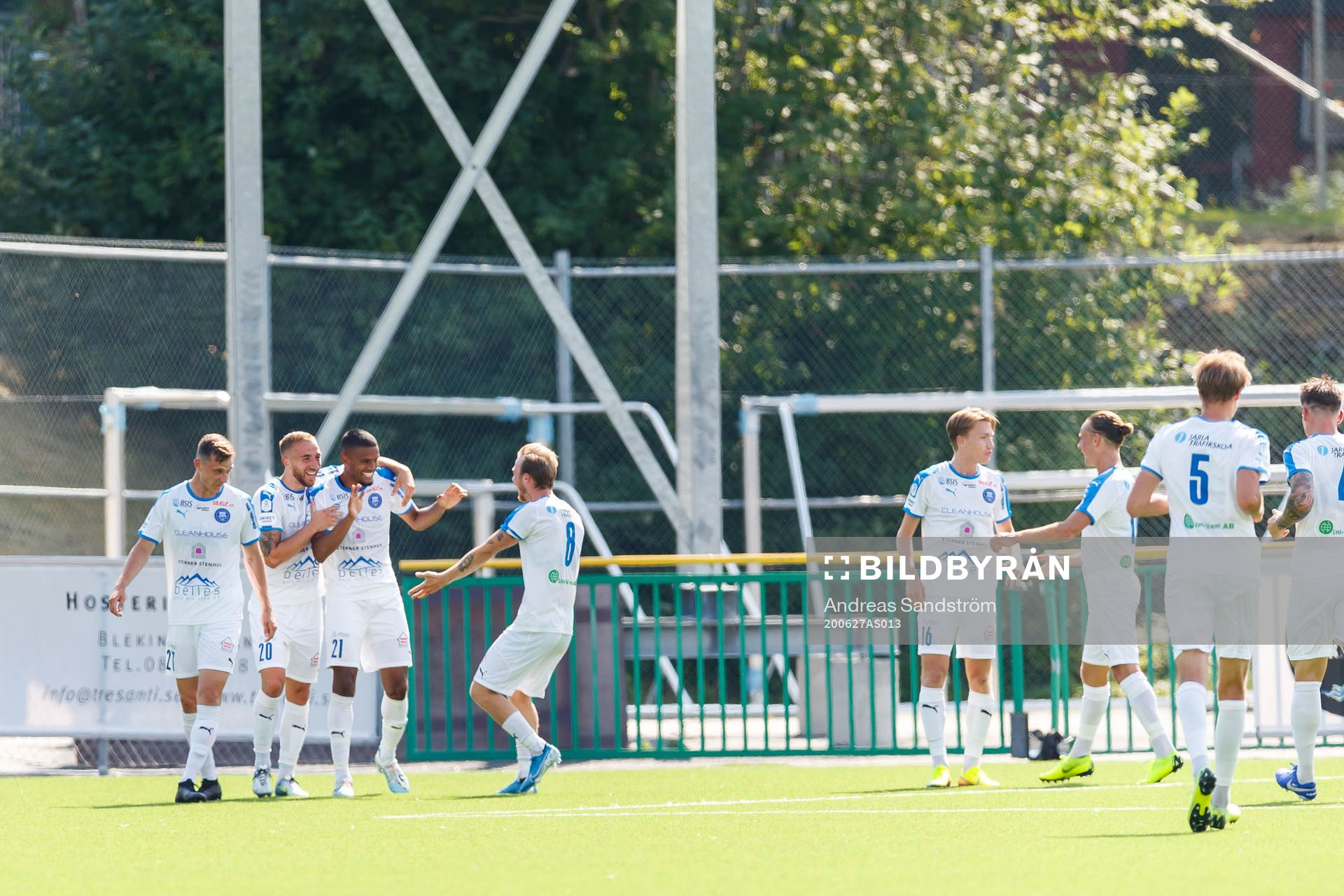 Akropolis Adhavan Rajamohan jublar med lagkamrater efter 2-0 under fotbollsmatchen i Superettan  mellan Akropolis och Örgryte den 27 juni 2020 i Stockholm.