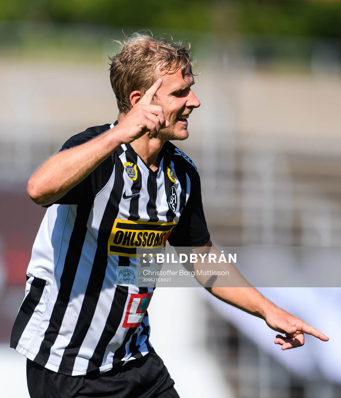 Landskronas Linus Olsson jublar efter 1-0 under fotbollsmatchen i Division 1 södra mellan Landskrona och Värnamo den 27 juni 2020 i Landskrona.